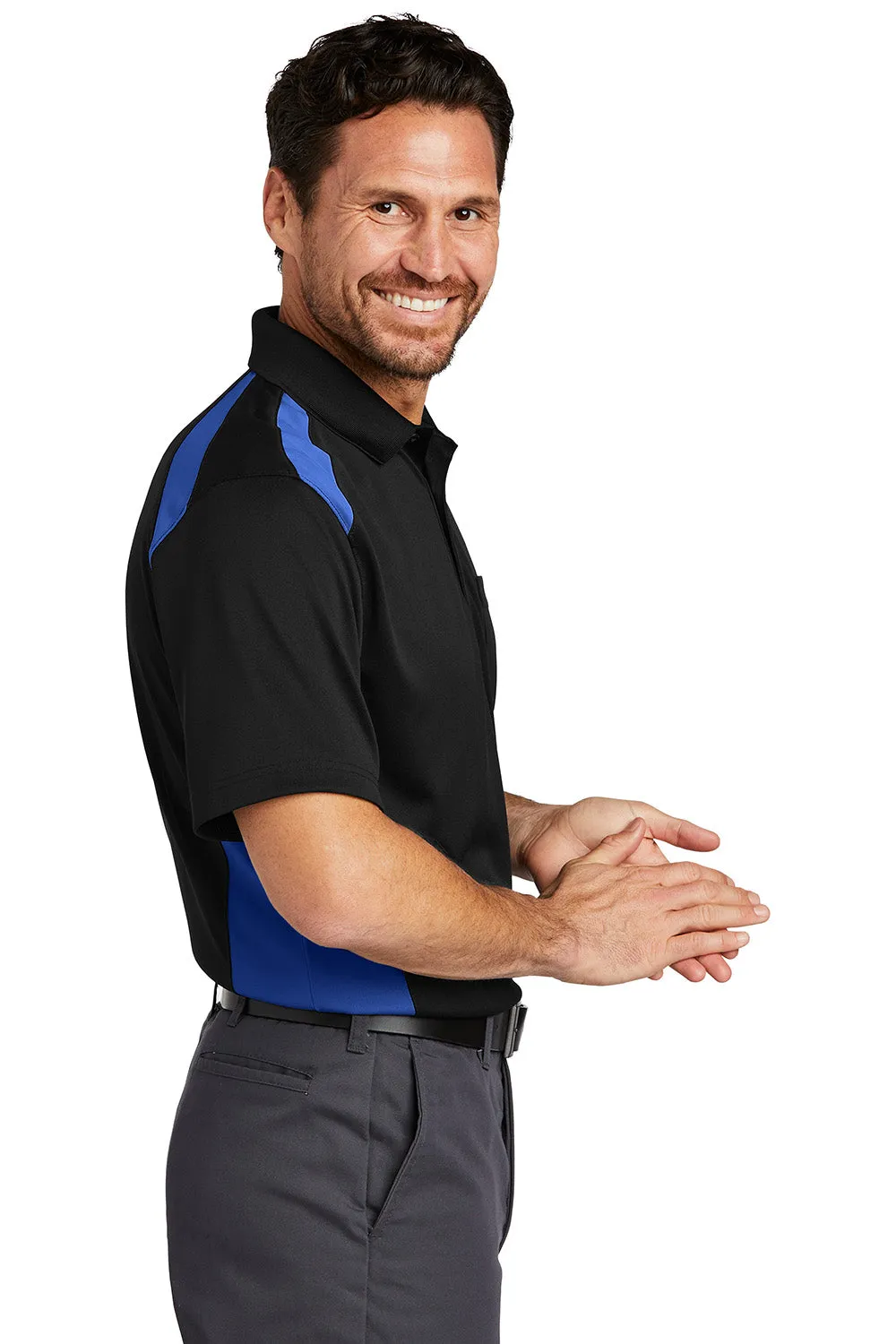 CornerStone Mens Select Moisture Wicking Short Sleeve Polo Shirt w/ Pocket - Black/Royal Blue  Cheaper Clothing Cornerstone