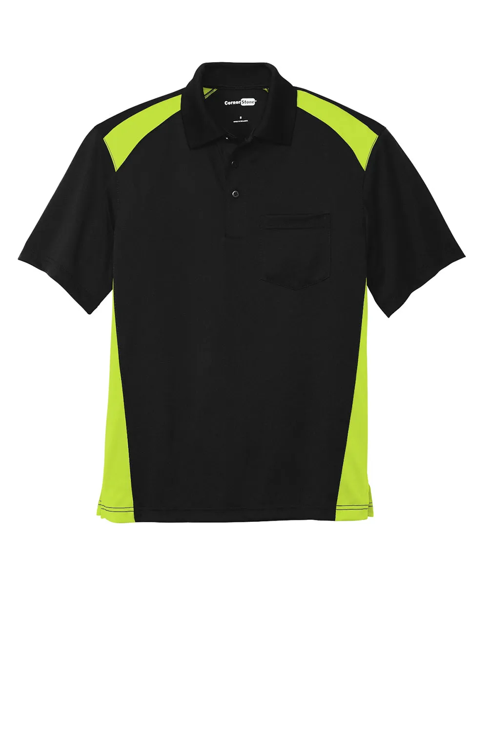 CornerStone Mens Select Moisture Wicking Short Sleeve Polo Shirt w/ Pocket - Black/Shock Green  Cheaper Clothing Cornerstone