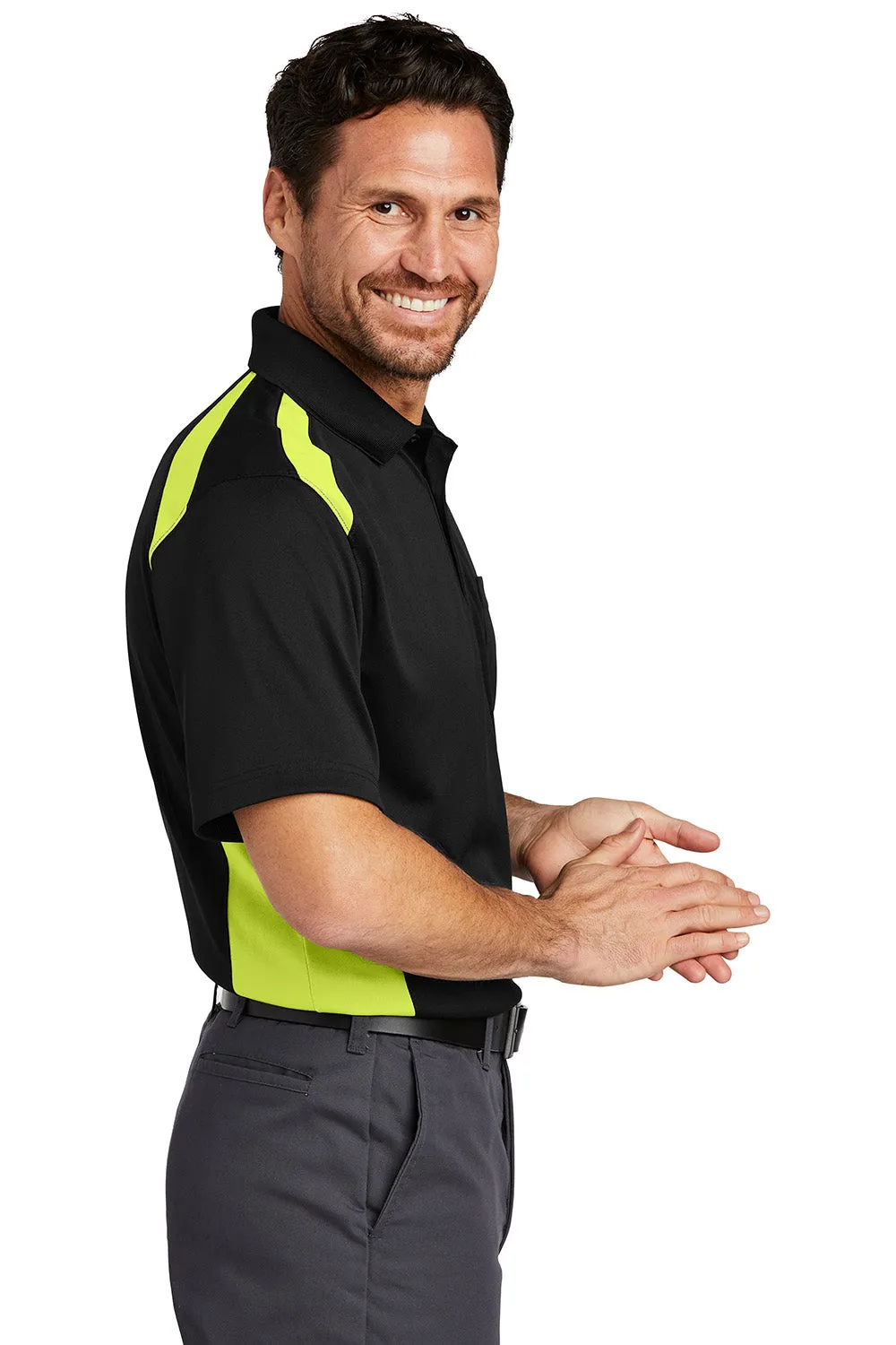 CornerStone Mens Select Moisture Wicking Short Sleeve Polo Shirt w/ Pocket - Black/Shock Green  Cheaper Clothing Cornerstone
