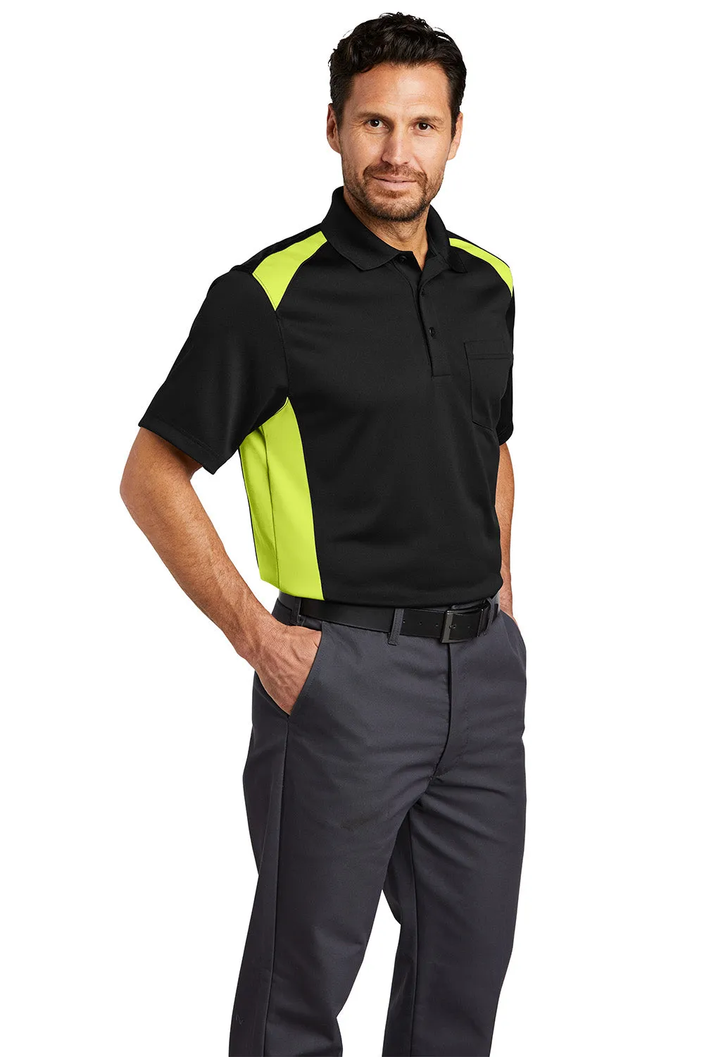 CornerStone Mens Select Moisture Wicking Short Sleeve Polo Shirt w/ Pocket - Black/Shock Green  Cheaper Clothing Cornerstone