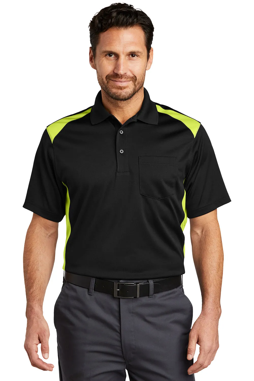 CornerStone Mens Select Moisture Wicking Short Sleeve Polo Shirt w/ Pocket - Black/Shock Green  Cheaper Clothing Cornerstone