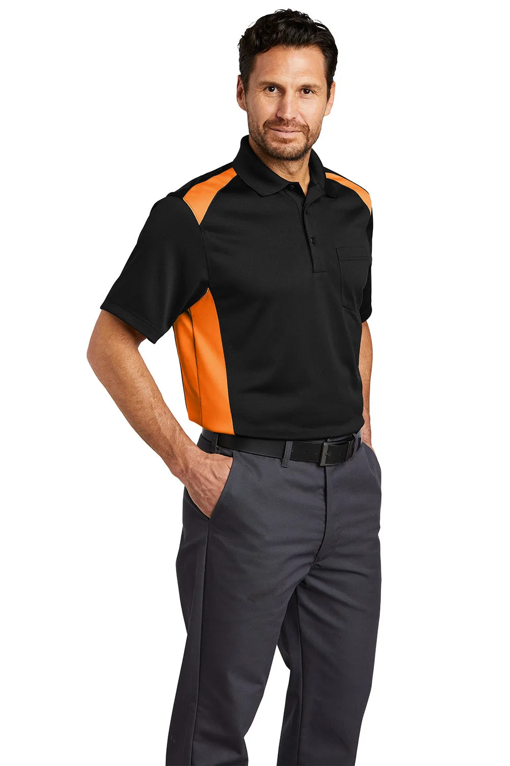 CornerStone Mens Select Moisture Wicking Short Sleeve Polo Shirt w/ Pocket - Black/Shock Orange  Cheaper Clothing Cornerstone