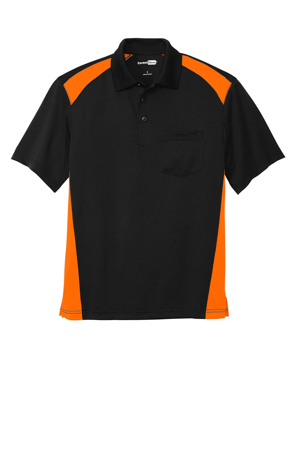 CornerStone Mens Select Moisture Wicking Short Sleeve Polo Shirt w/ Pocket - Black/Shock Orange  Cheaper Clothing Cornerstone