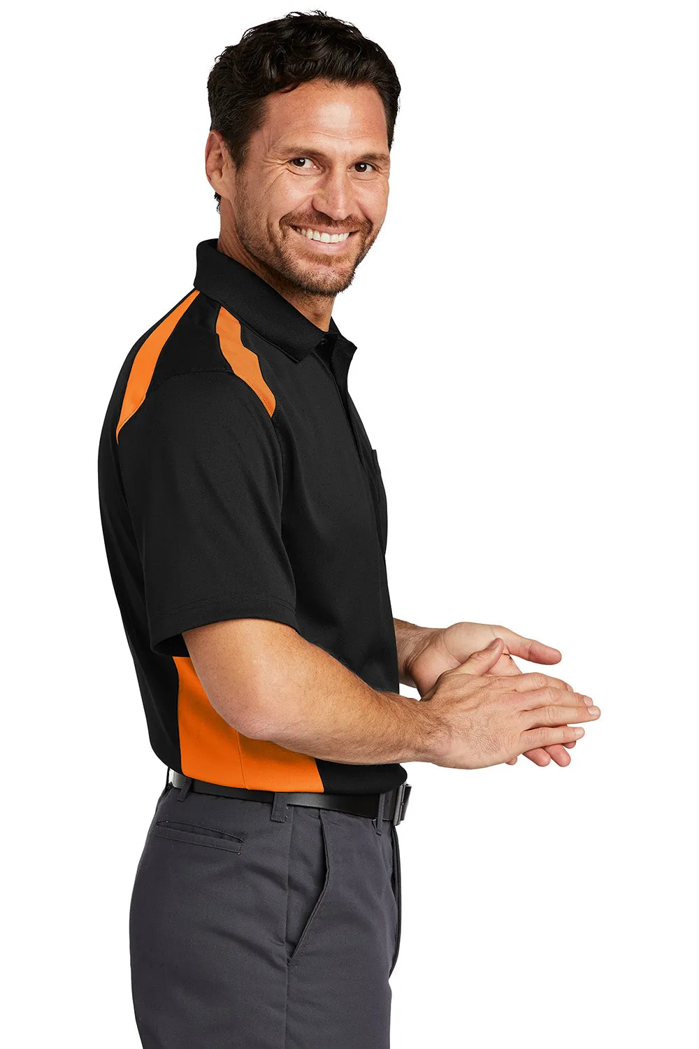 CornerStone Mens Select Moisture Wicking Short Sleeve Polo Shirt w/ Pocket - Black/Shock Orange  Cheaper Clothing Cornerstone