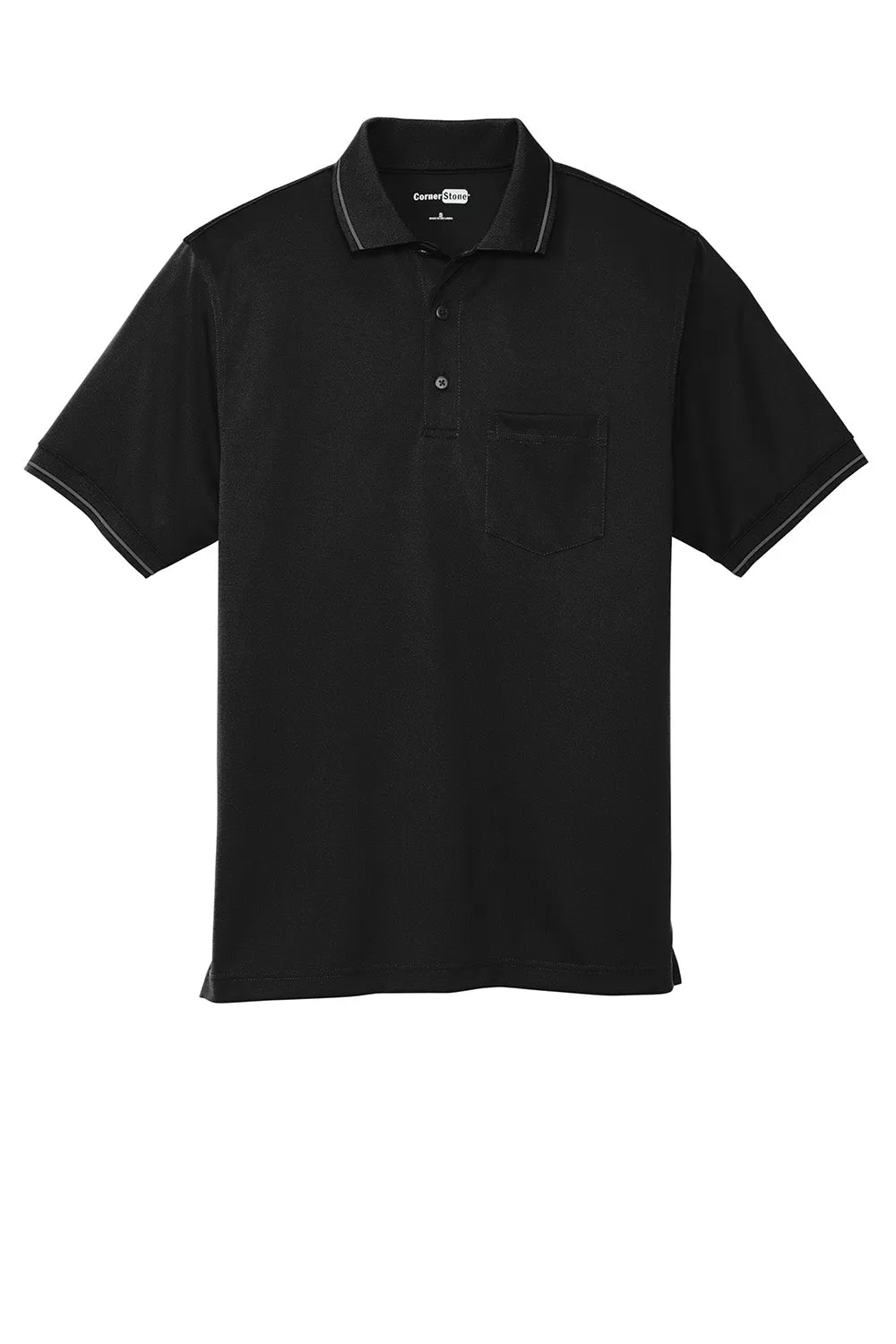 CornerStone Mens Select Moisture Wicking Short Sleeve Polo Shirt w/ Pocket - Black/Smoke Grey  Cheaper Clothing Cornerstone