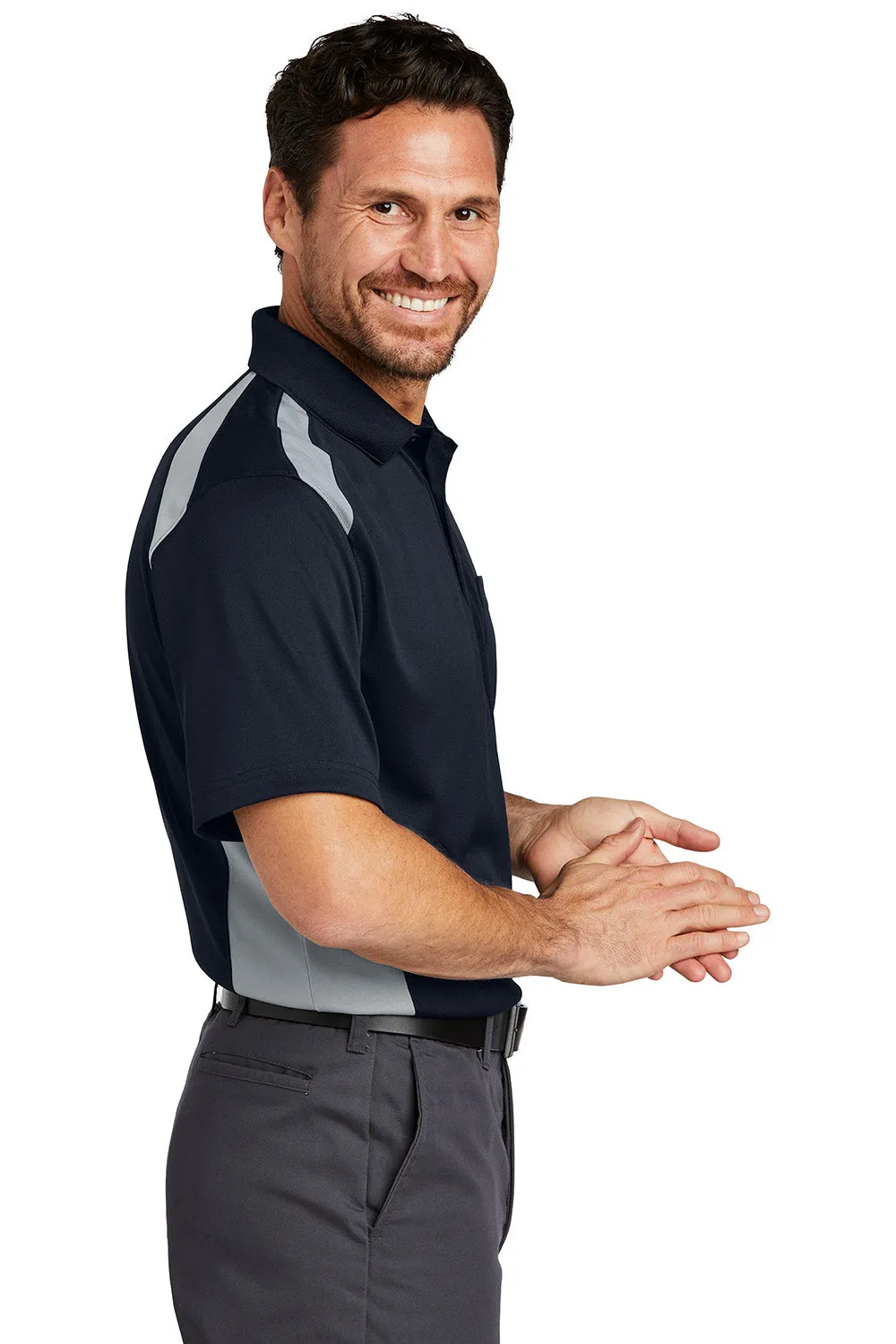 CornerStone Mens Select Moisture Wicking Short Sleeve Polo Shirt w/ Pocket - Dark Navy Blue/Light Grey  Cheaper Clothing Cornerstone