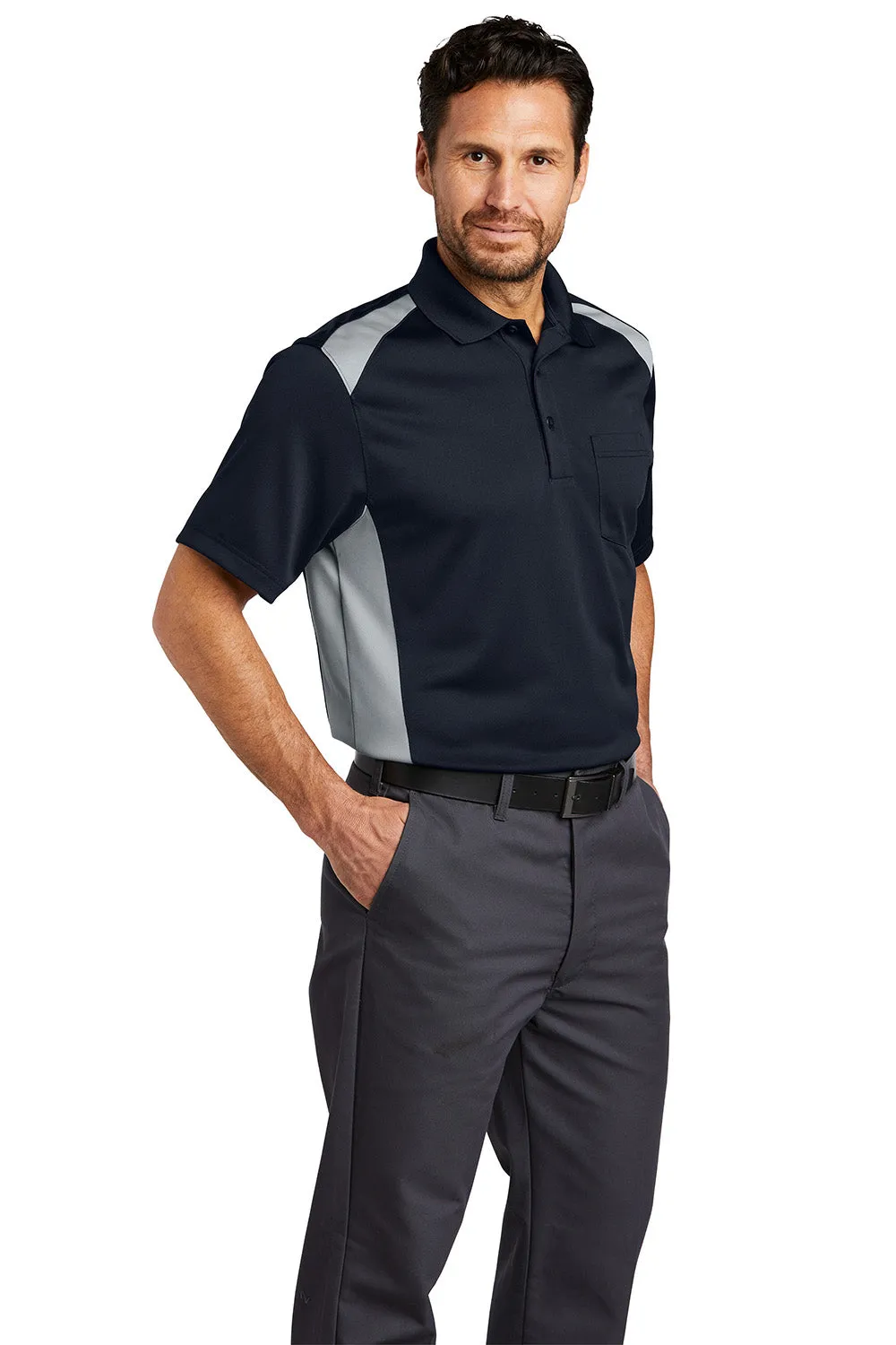 CornerStone Mens Select Moisture Wicking Short Sleeve Polo Shirt w/ Pocket - Dark Navy Blue/Light Grey  Cheaper Clothing Cornerstone