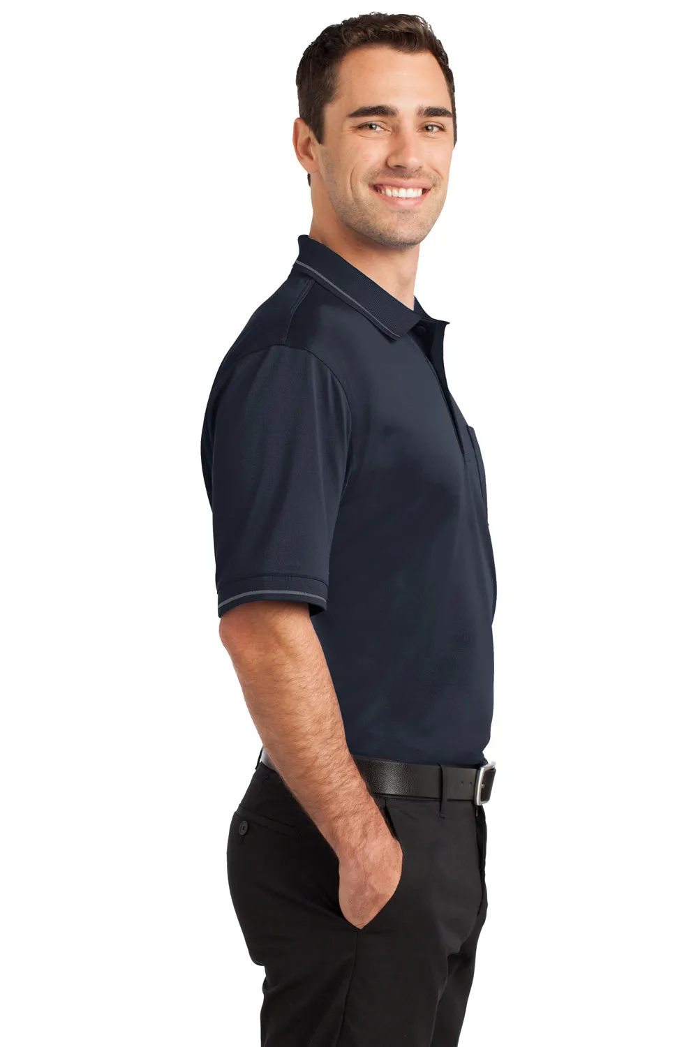 CornerStone Mens Select Moisture Wicking Short Sleeve Polo Shirt w/ Pocket - Dark Navy Blue/Smoke Grey - Closeout  Cheaper Clothing Cornerstone