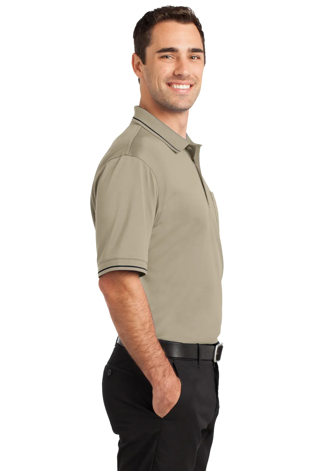 CornerStone Mens Select Moisture Wicking Short Sleeve Polo Shirt w/ Pocket - Tan/Black - Closeout  Cheaper Clothing Cornerstone