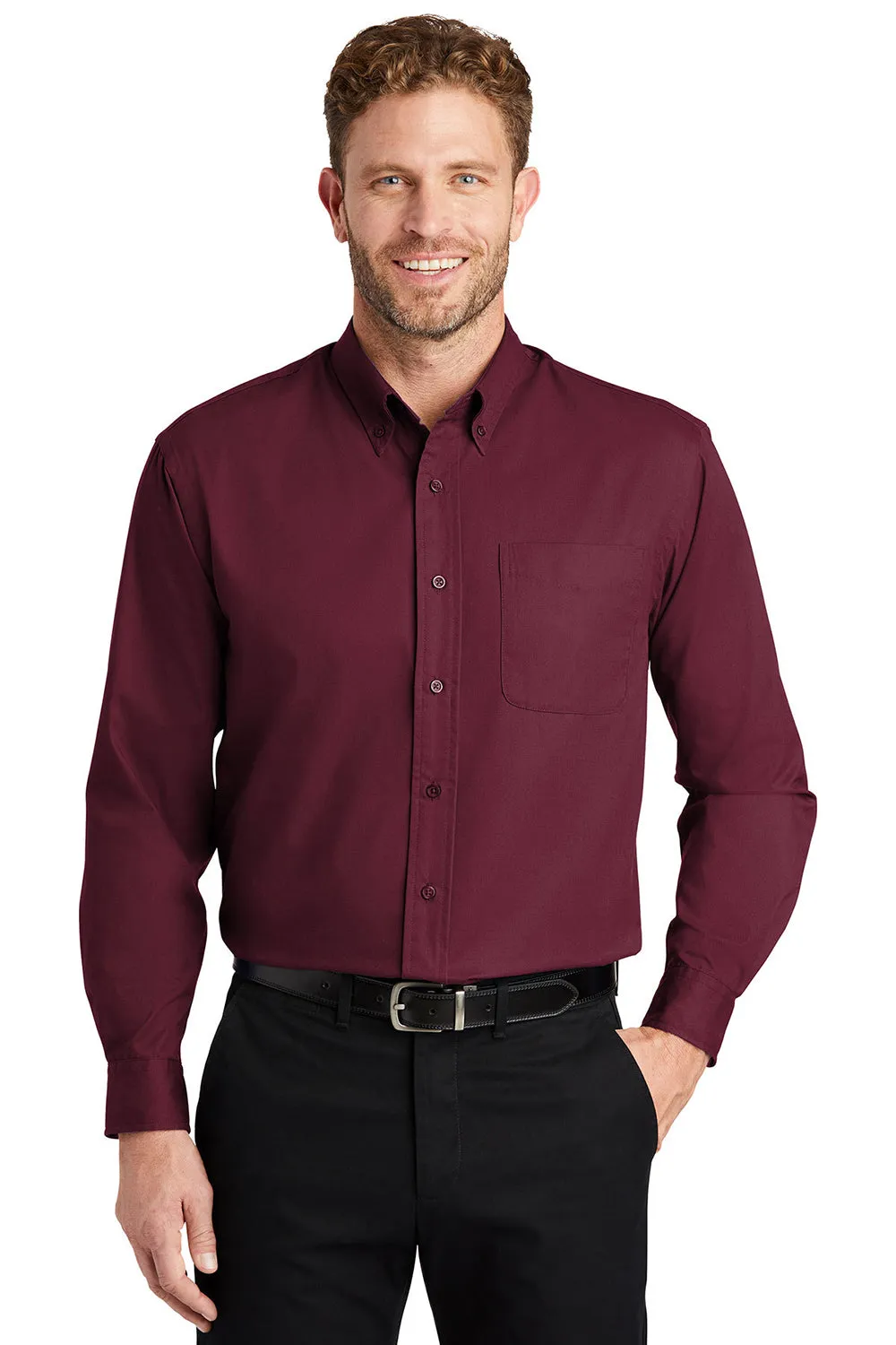 CornerStone Mens SuperPro Stain Resistant Long Sleeve Button Down Shirt w/ Pocket - Burgundy - Closeout  Cheaper Clothing Cornerstone