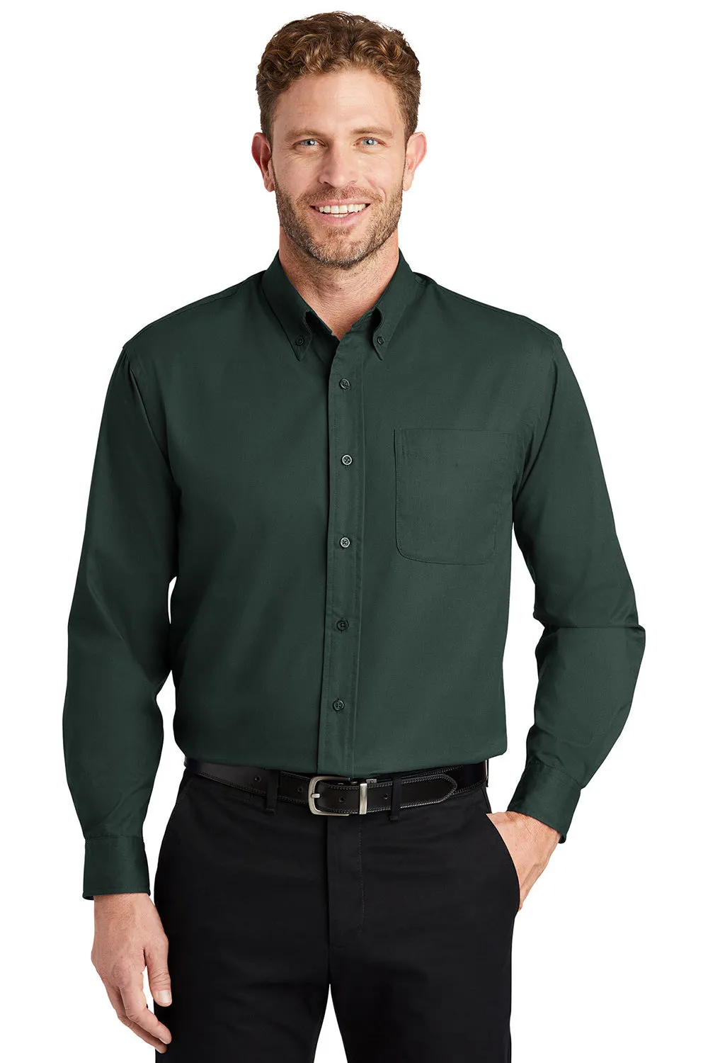 CornerStone Mens SuperPro Stain Resistant Long Sleeve Button Down Shirt w/ Pocket - Dark Green - Closeout  Cheaper Clothing Cornerstone