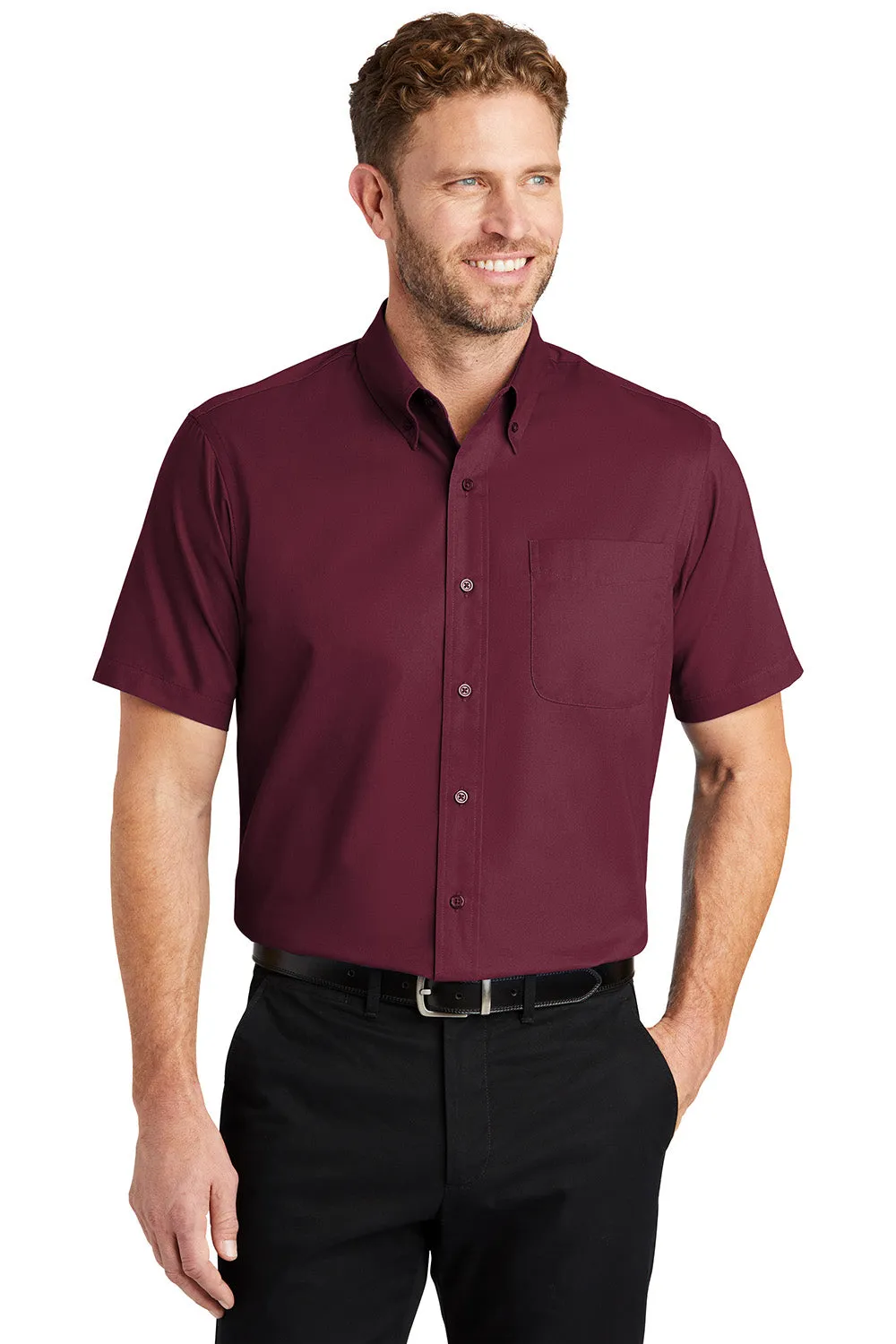 CornerStone Mens SuperPro Stain Resistant Short Sleeve Button Down Shirt w/ Pocket - Burgundy - Closeout  Cheaper Clothing Cornerstone