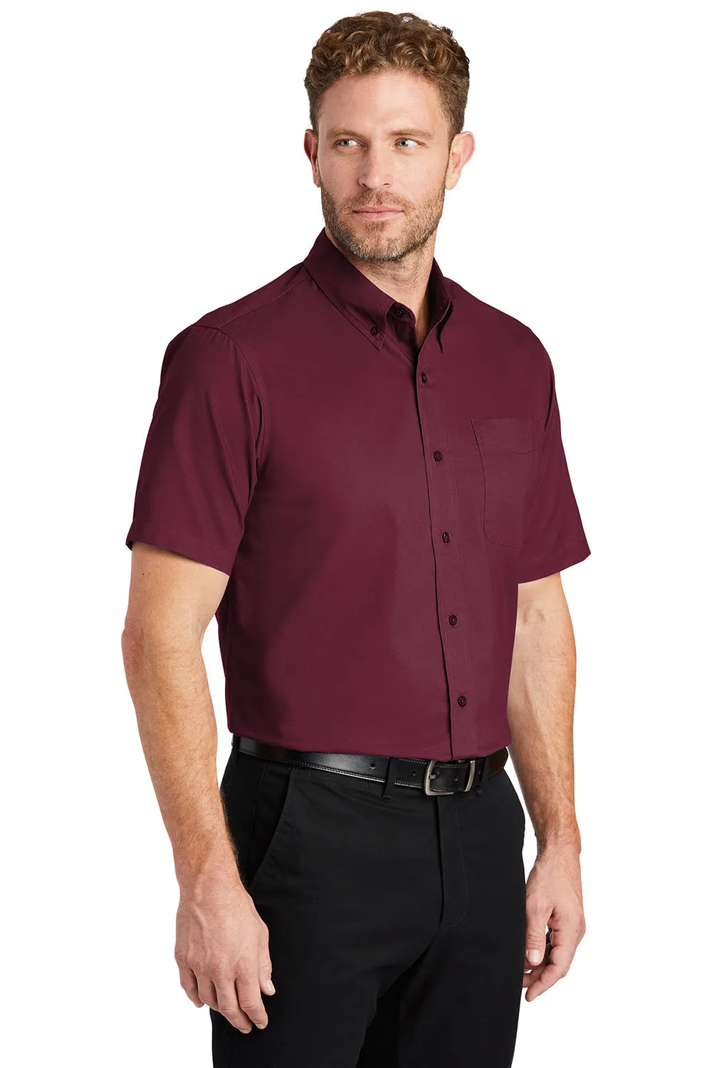 CornerStone Mens SuperPro Stain Resistant Short Sleeve Button Down Shirt w/ Pocket - Burgundy - Closeout  Cheaper Clothing Cornerstone
