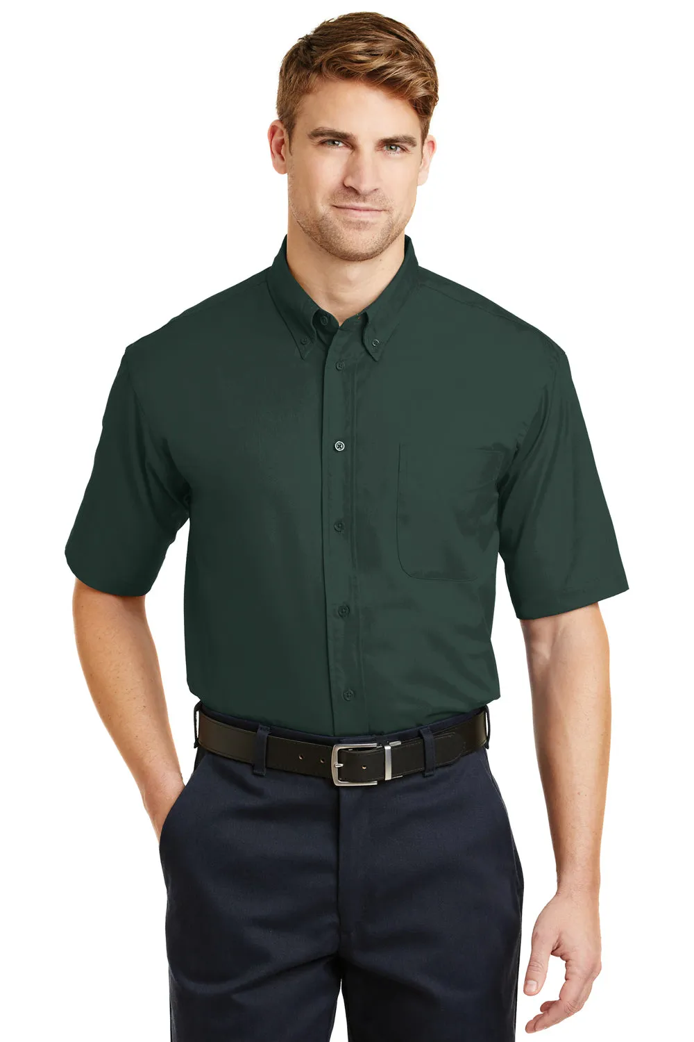CornerStone Mens SuperPro Stain Resistant Short Sleeve Button Down Shirt w/ Pocket - Dark Green - Closeout  Cheaper Clothing Cornerstone