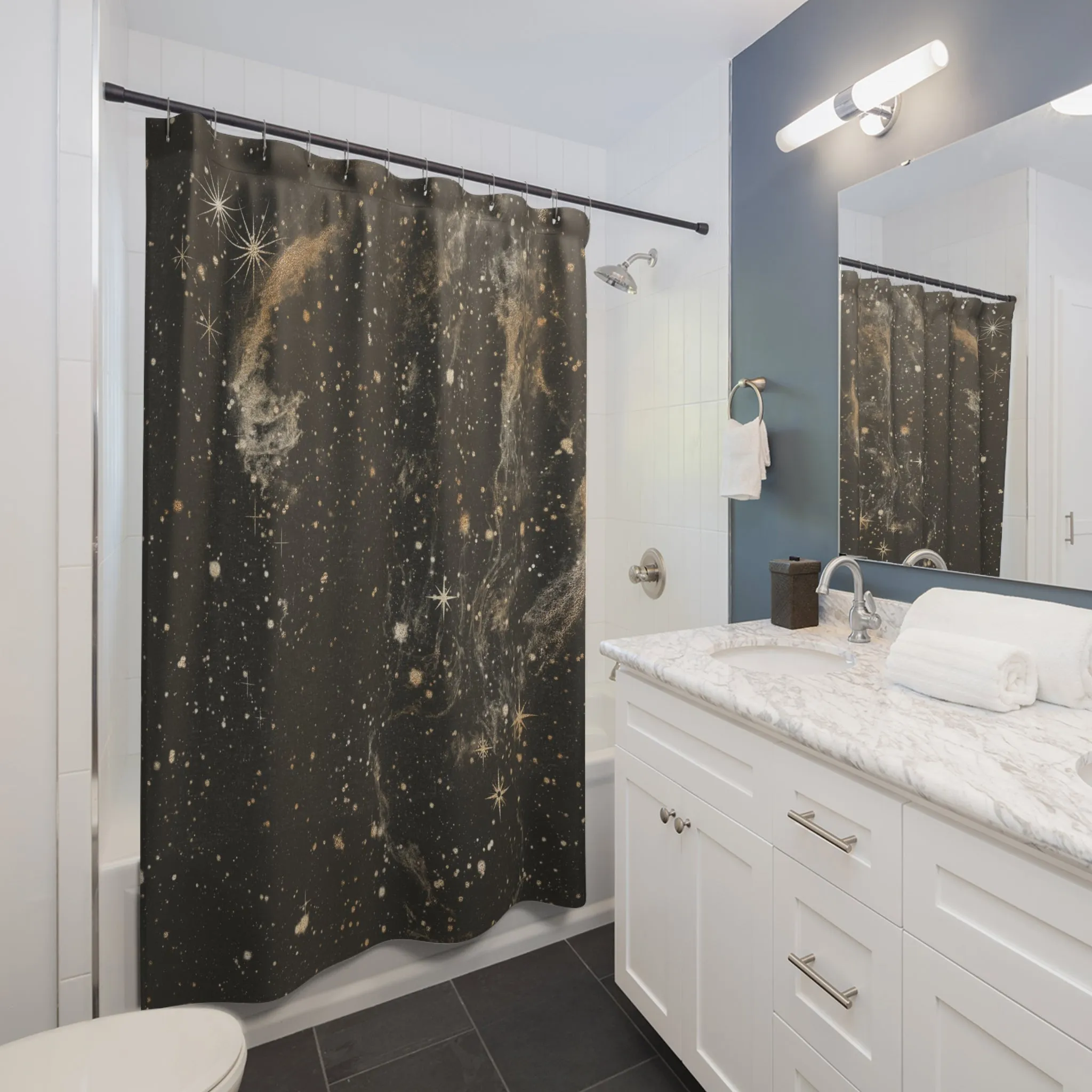 Cosmic Shower Curtain | Dark Gray Gold Star Dust
