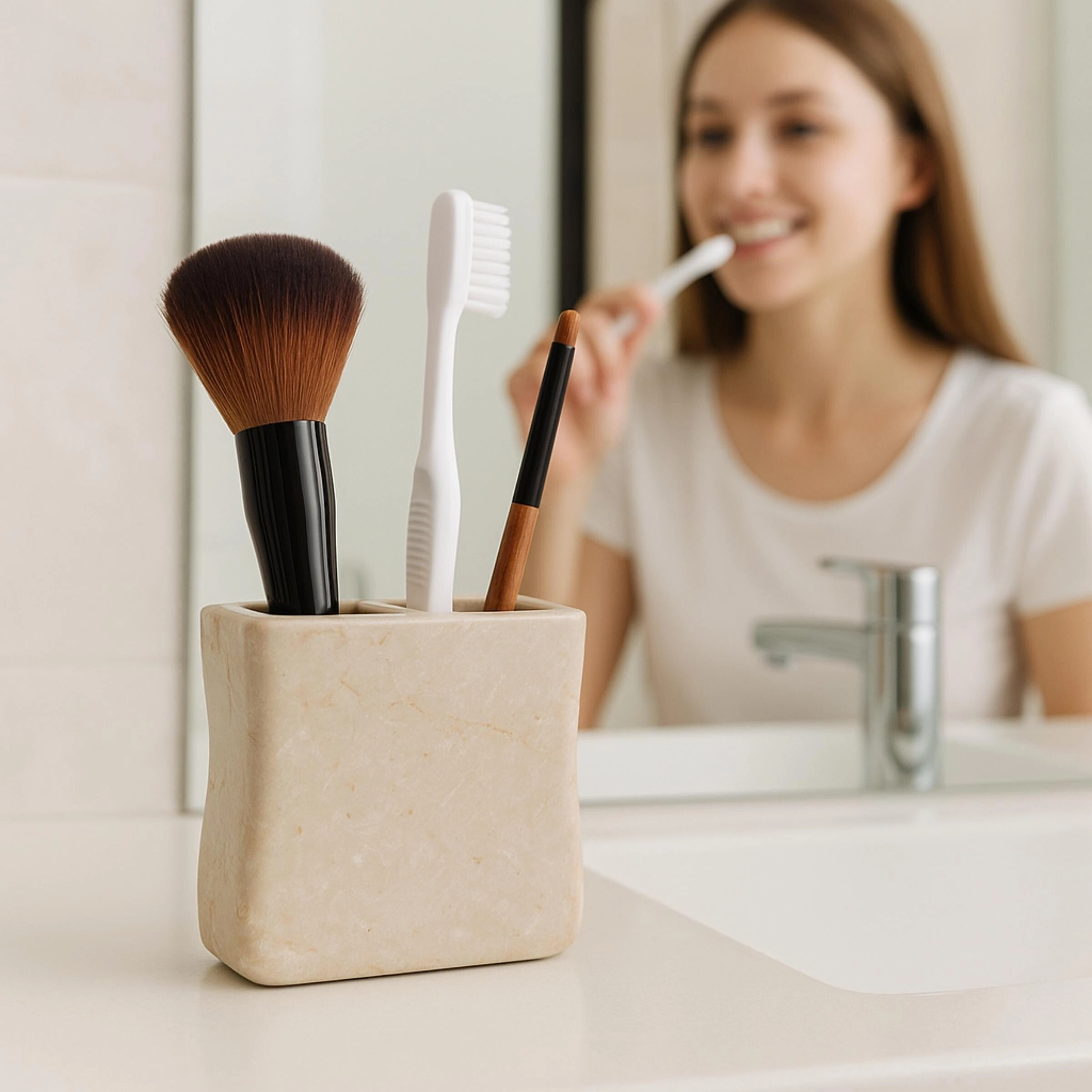 Creative Home Curvy Collection Natural Champagne Marble Toothbrush Holder - Beige