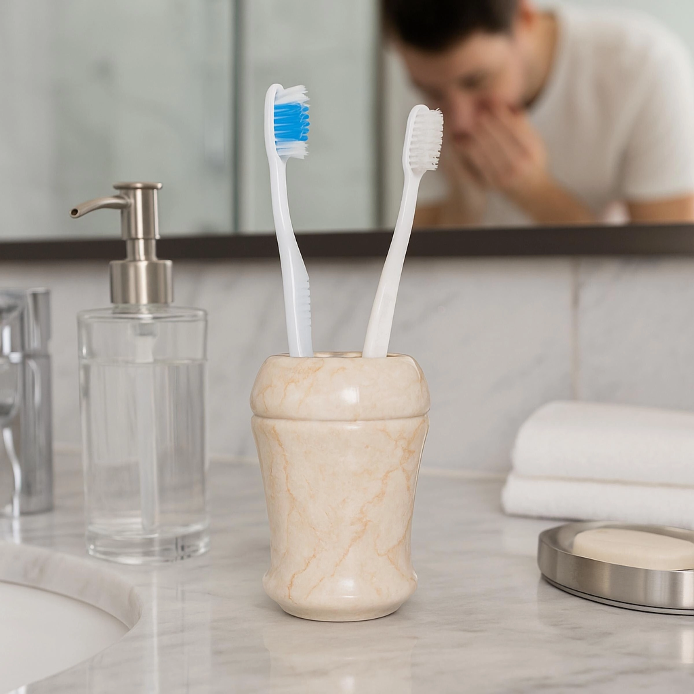 Creative Home Fluted Collection Champagne Marble Toothbrush Holder, Tooth Brush Holder - Beige