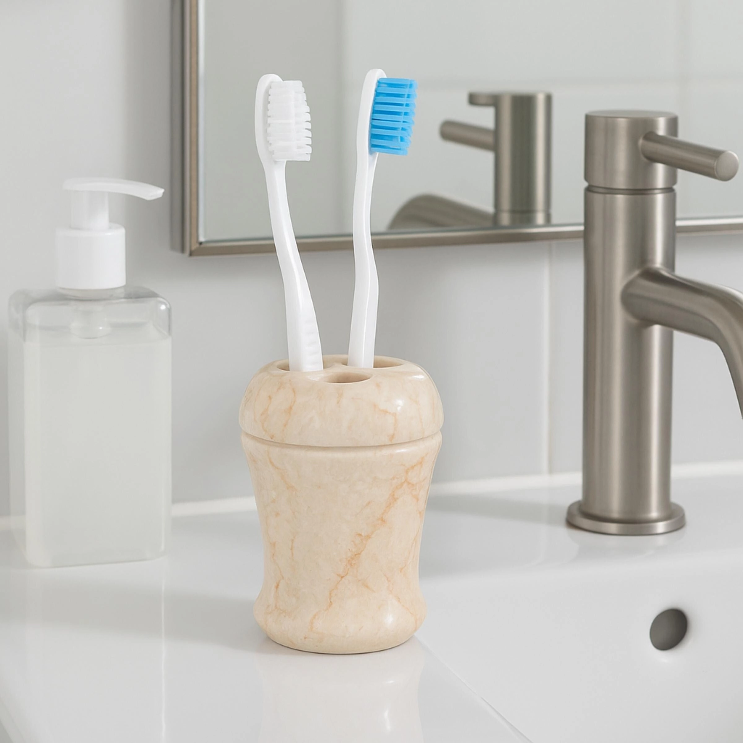 Creative Home Fluted Collection Champagne Marble Toothbrush Holder, Tooth Brush Holder - Beige