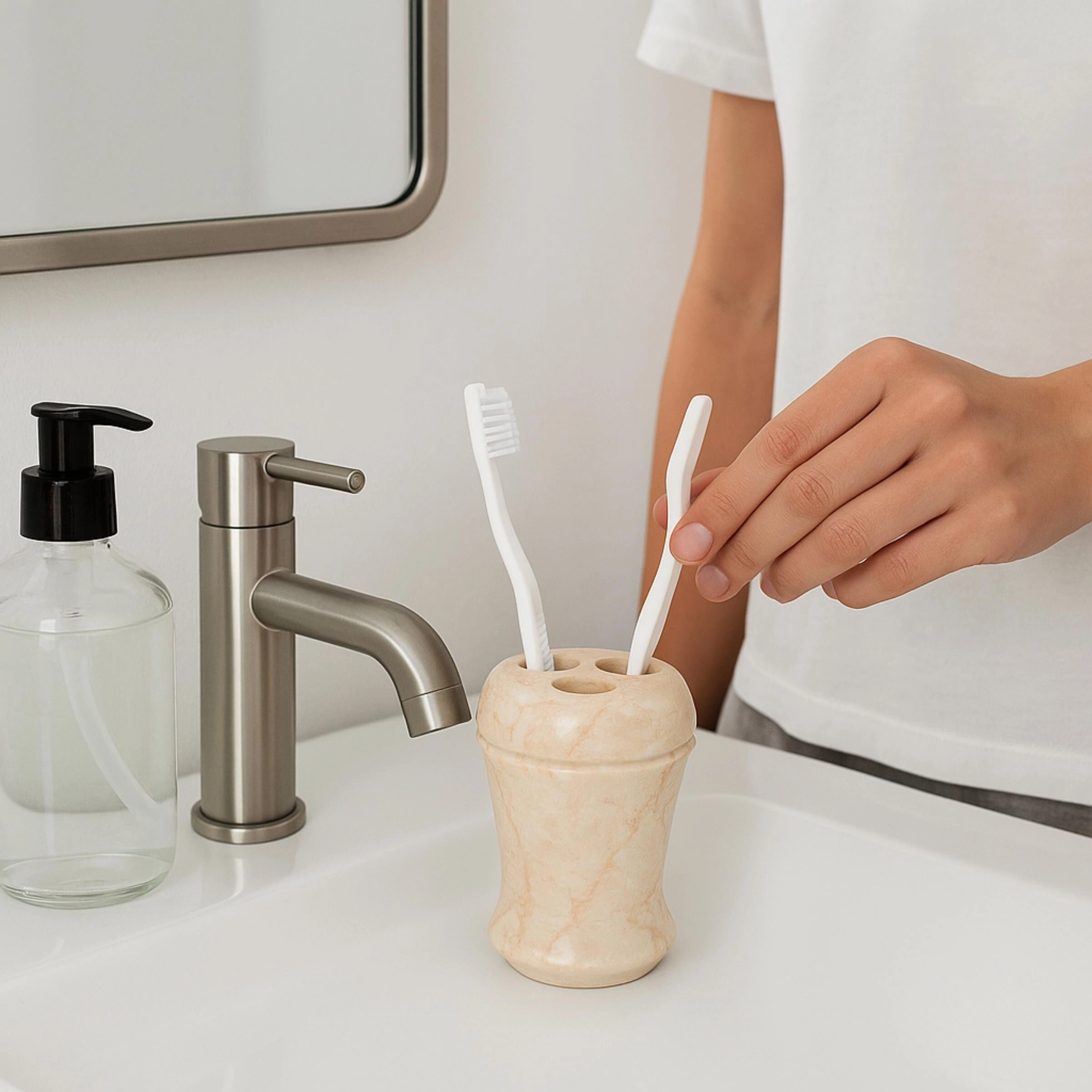 Creative Home Fluted Collection Champagne Marble Toothbrush Holder, Tooth Brush Holder - Beige