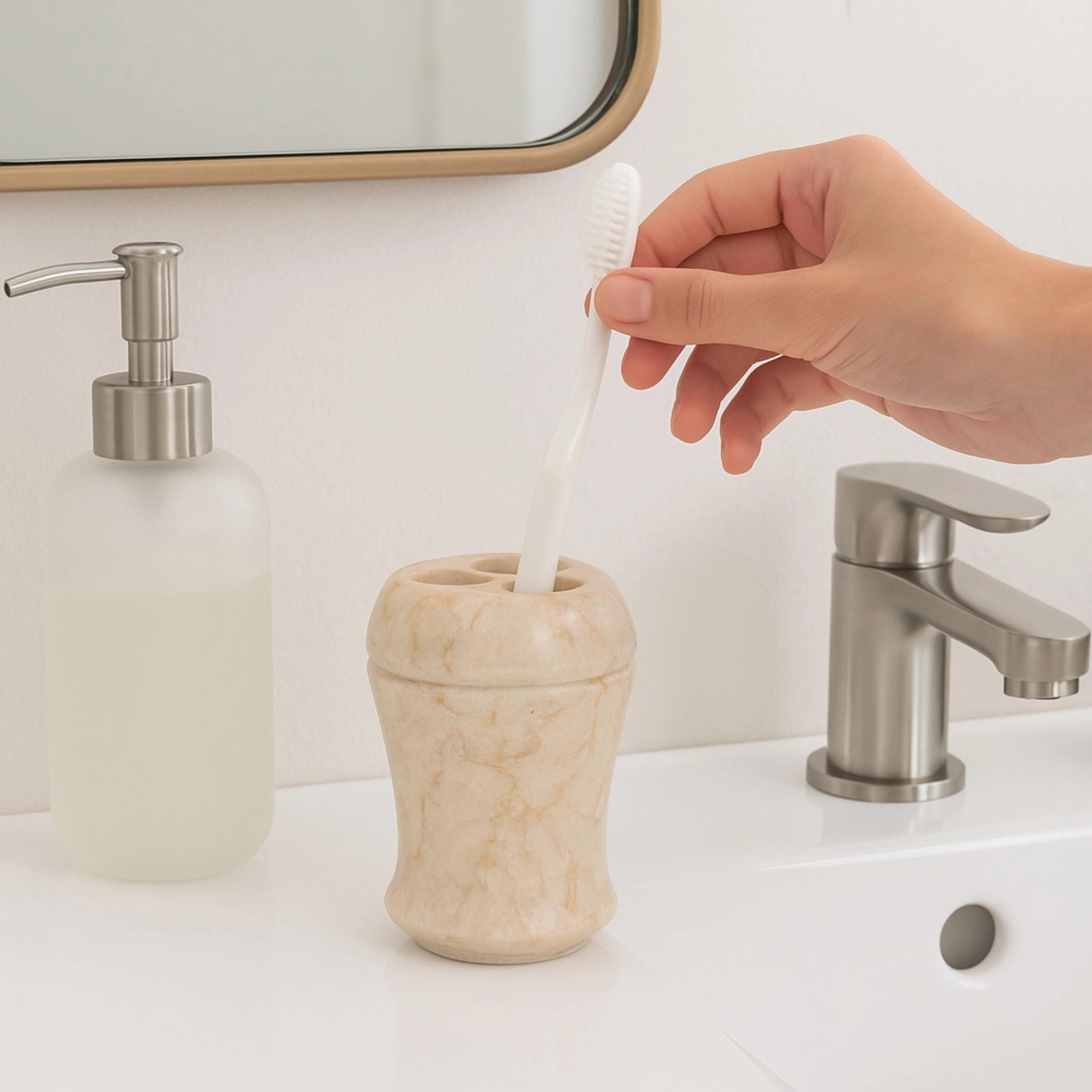 Creative Home Fluted Collection Champagne Marble Toothbrush Holder, Tooth Brush Holder - Beige