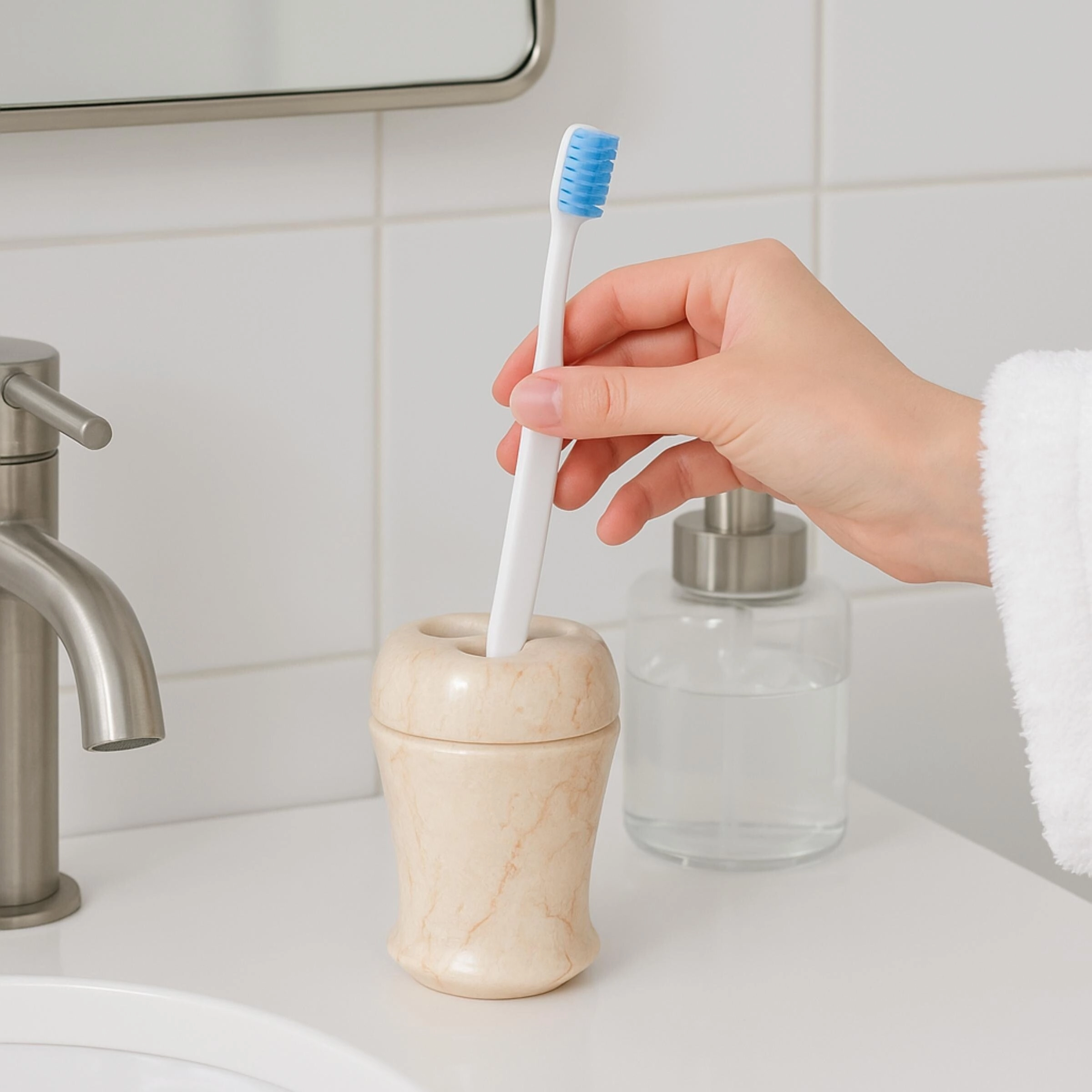 Creative Home Fluted Collection Champagne Marble Toothbrush Holder, Tooth Brush Holder - Beige