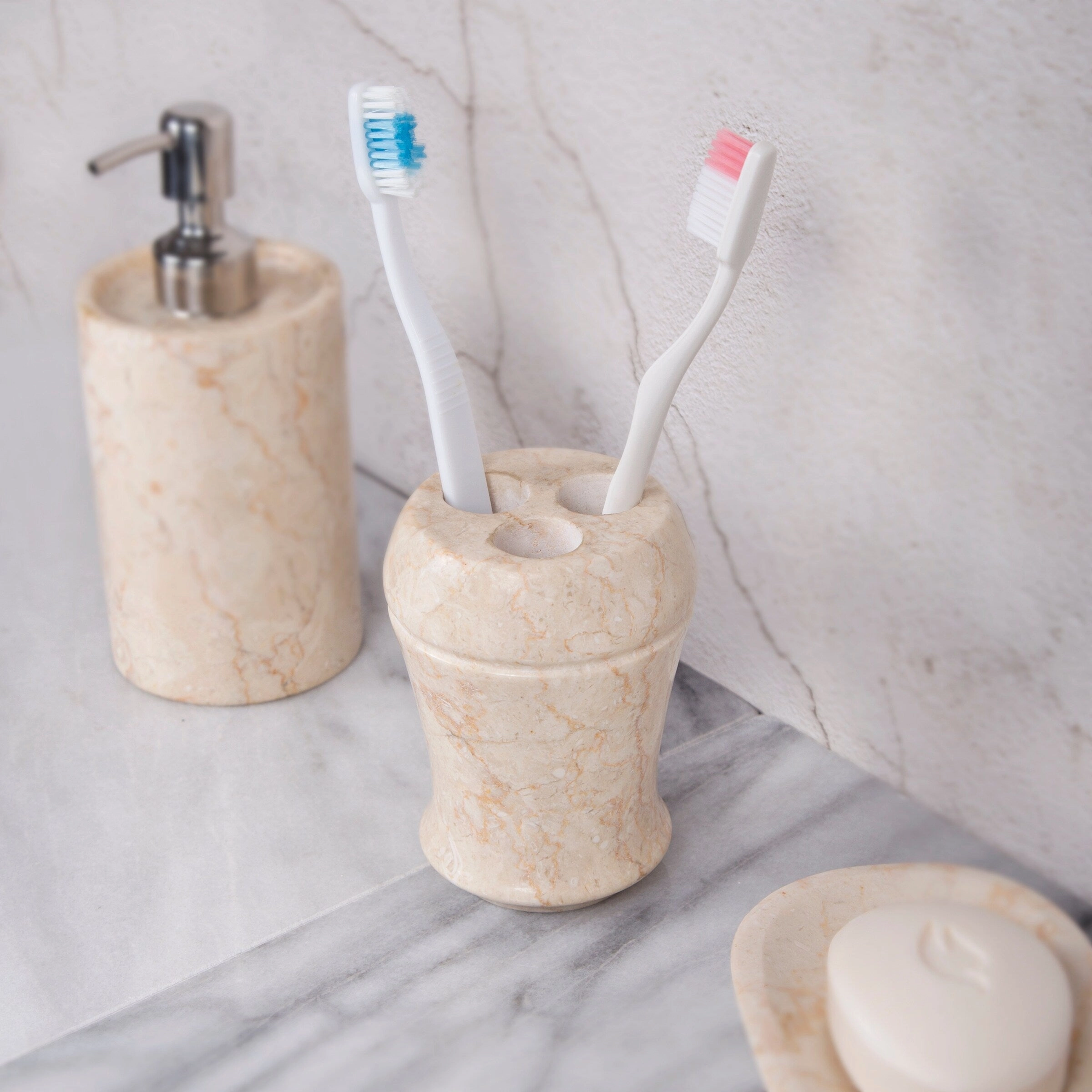 Creative Home Fluted Collection Champagne Marble Toothbrush Holder, Tooth Brush Holder - Beige