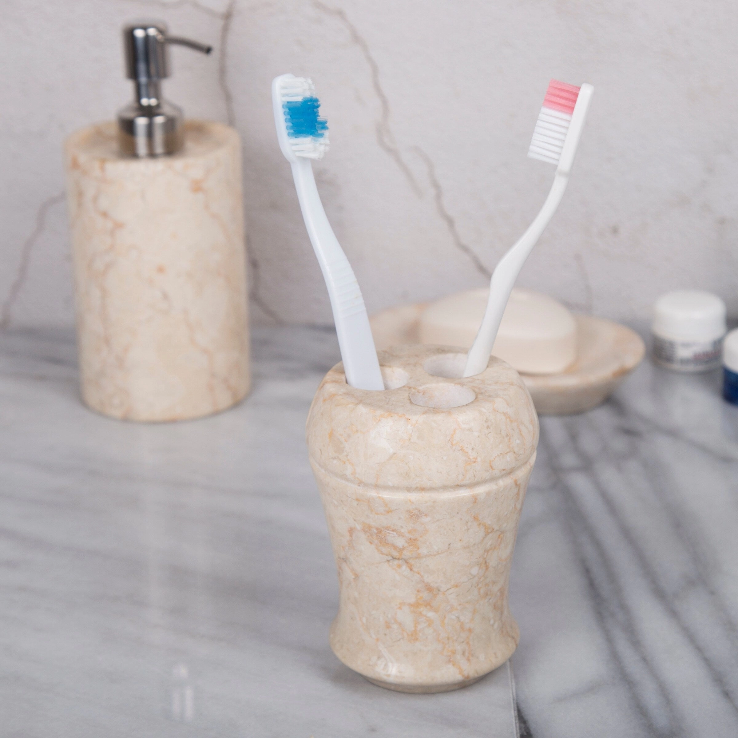 Creative Home Fluted Collection Champagne Marble Toothbrush Holder, Tooth Brush Holder - Beige