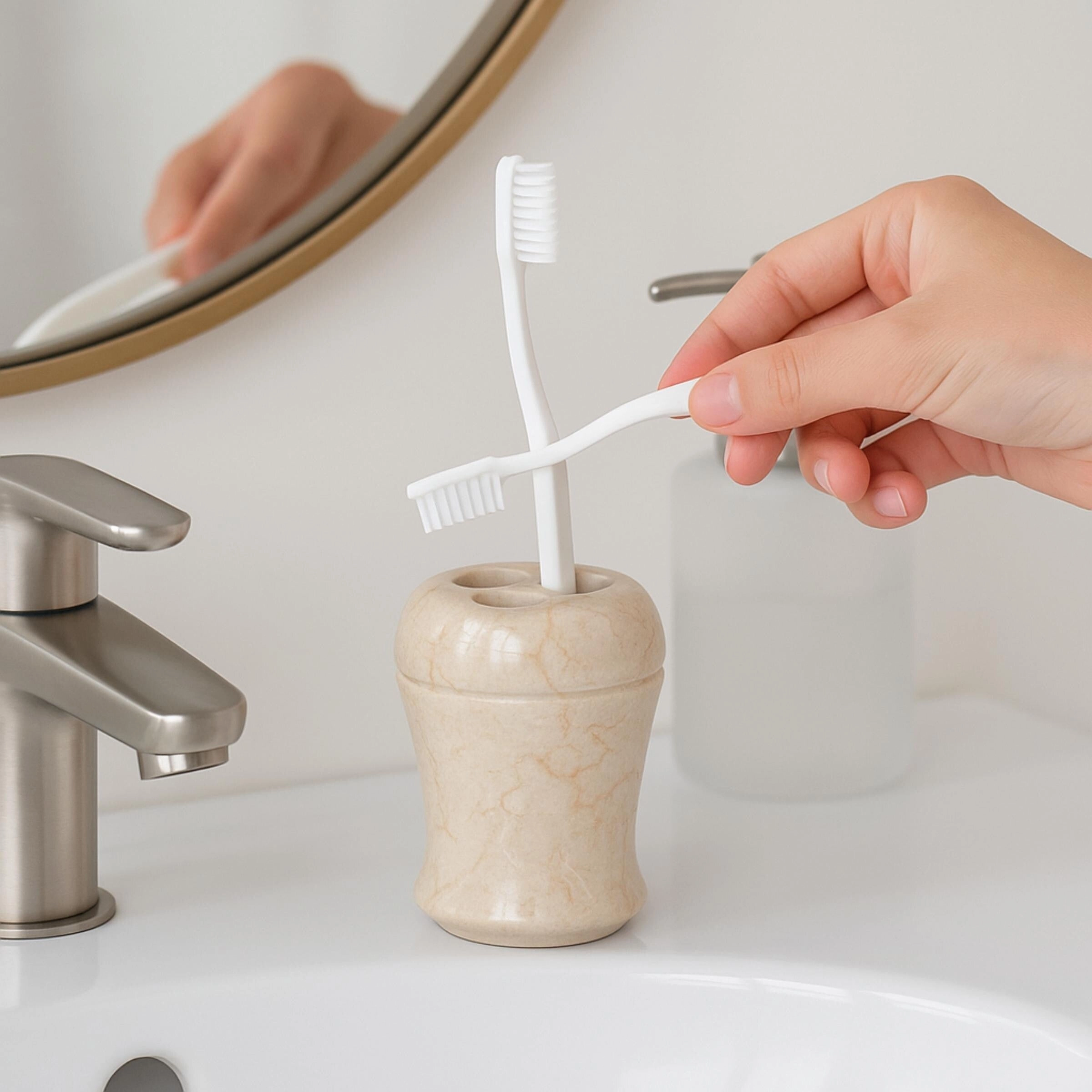 Creative Home Fluted Collection Champagne Marble Toothbrush Holder, Tooth Brush Holder - Beige