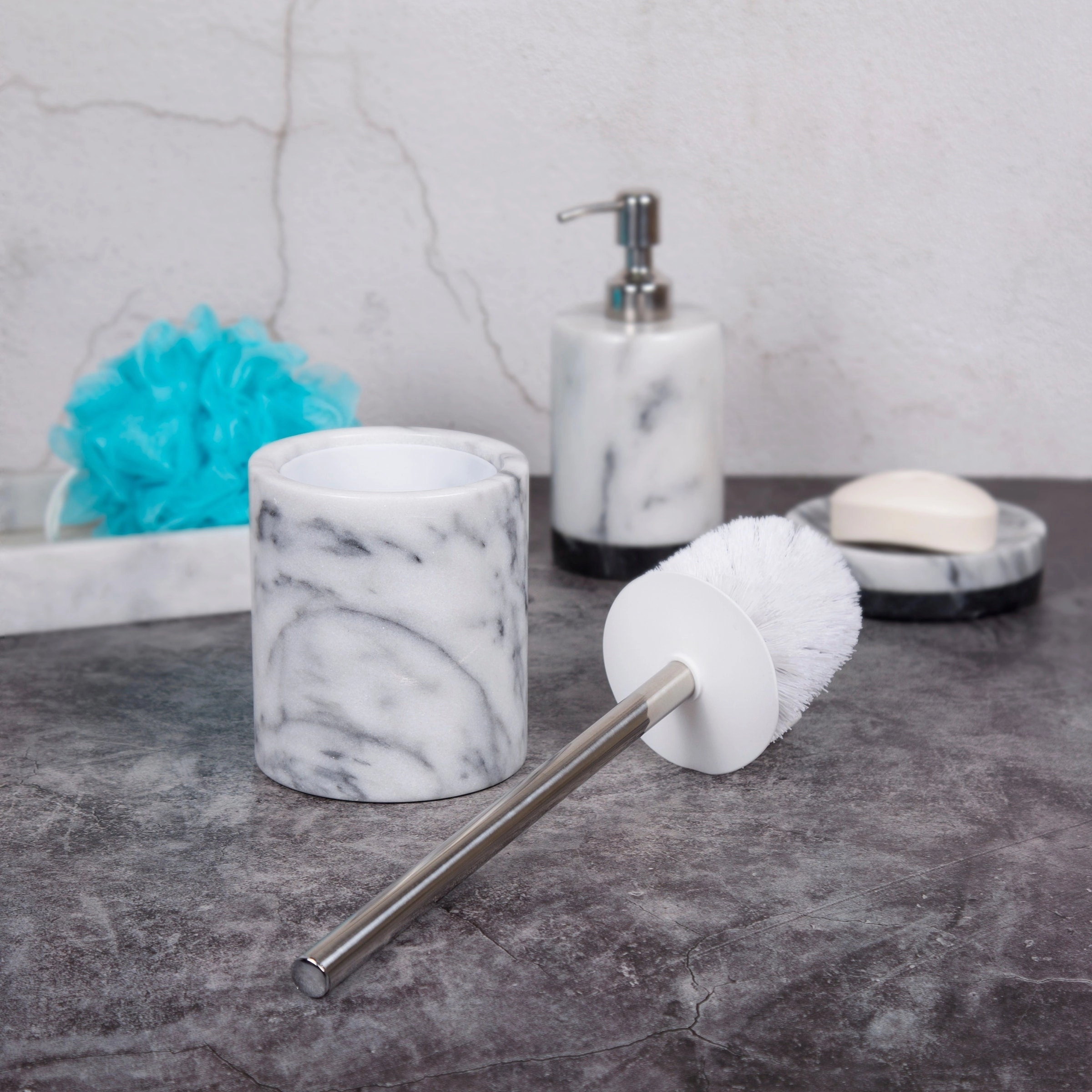 Creative Home Natural White Marble Toilet Brush & Holder Set with Silicone Cover