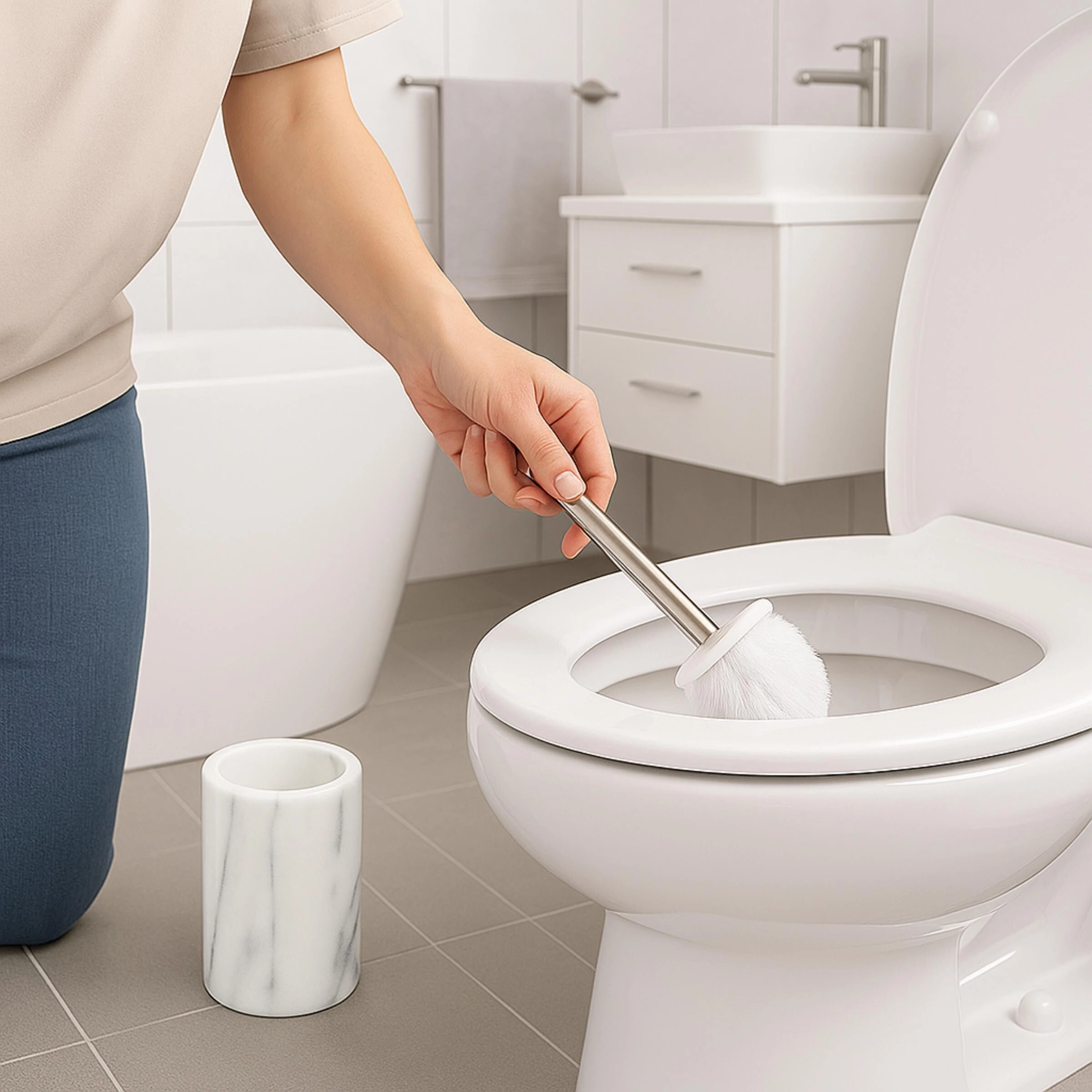 Creative Home Natural White Marble Toilet Brush & Holder Set with Silicone Cover