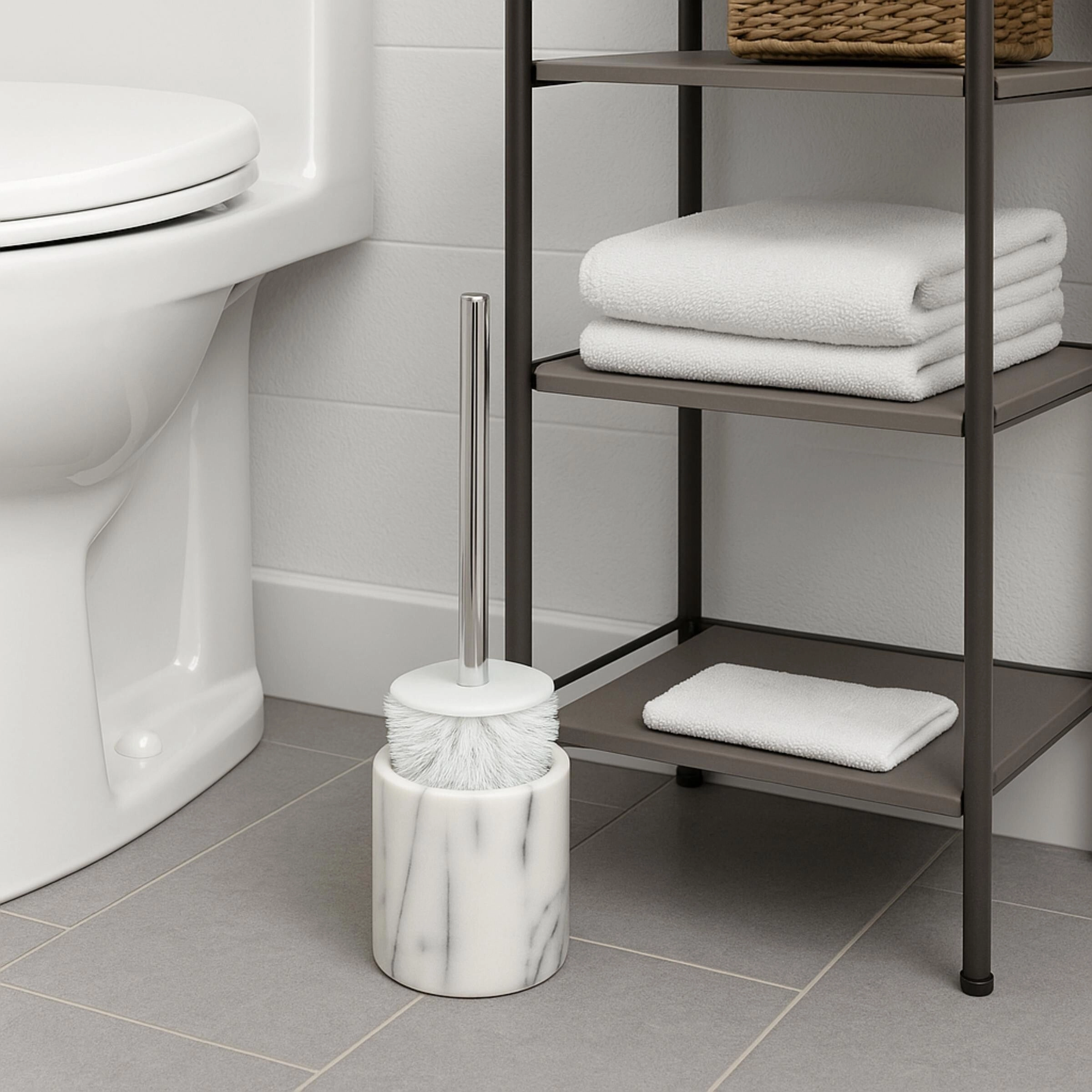 Creative Home Natural White Marble Toilet Brush & Holder Set with Silicone Cover