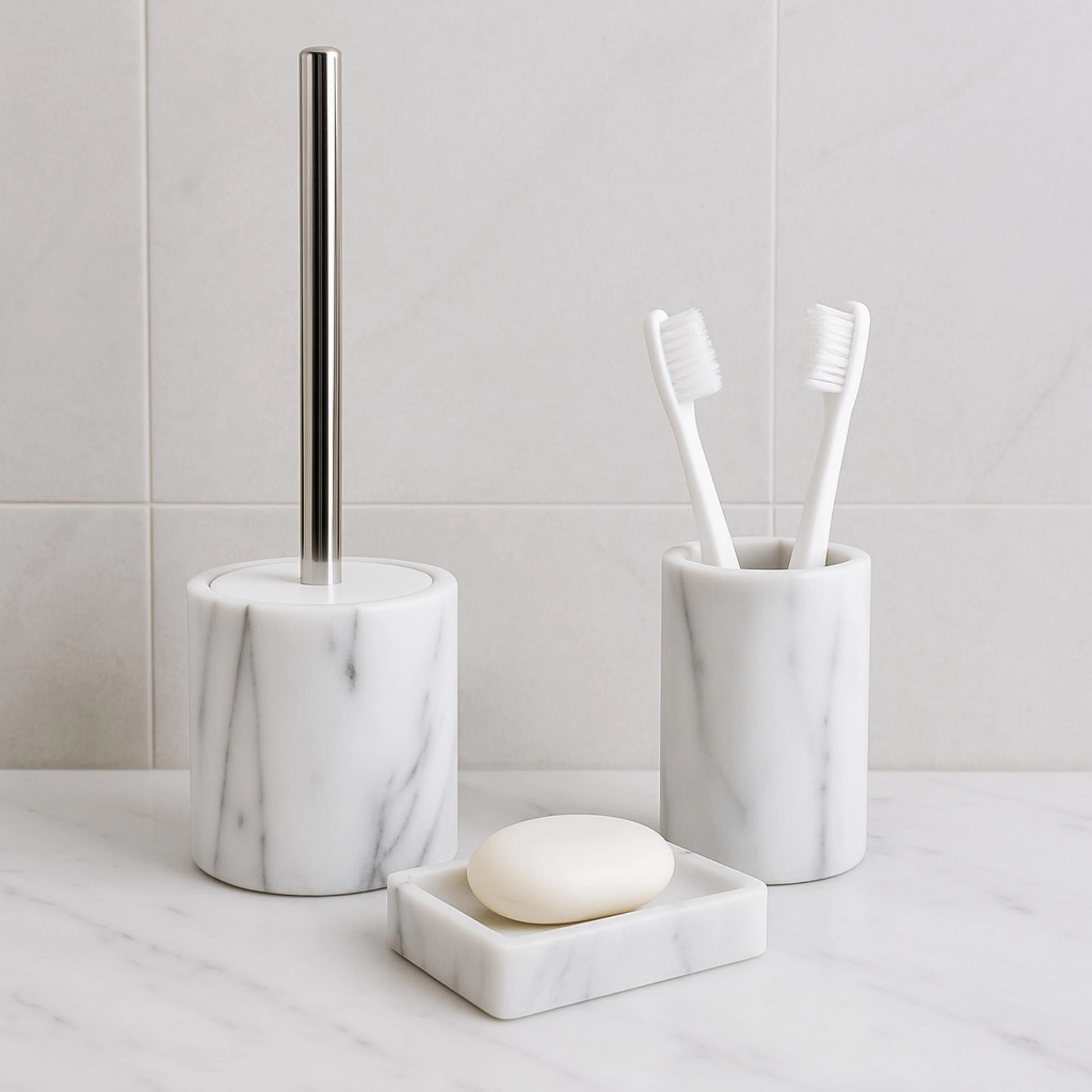Creative Home Natural White Marble Toilet Brush & Holder Set with Silicone Cover