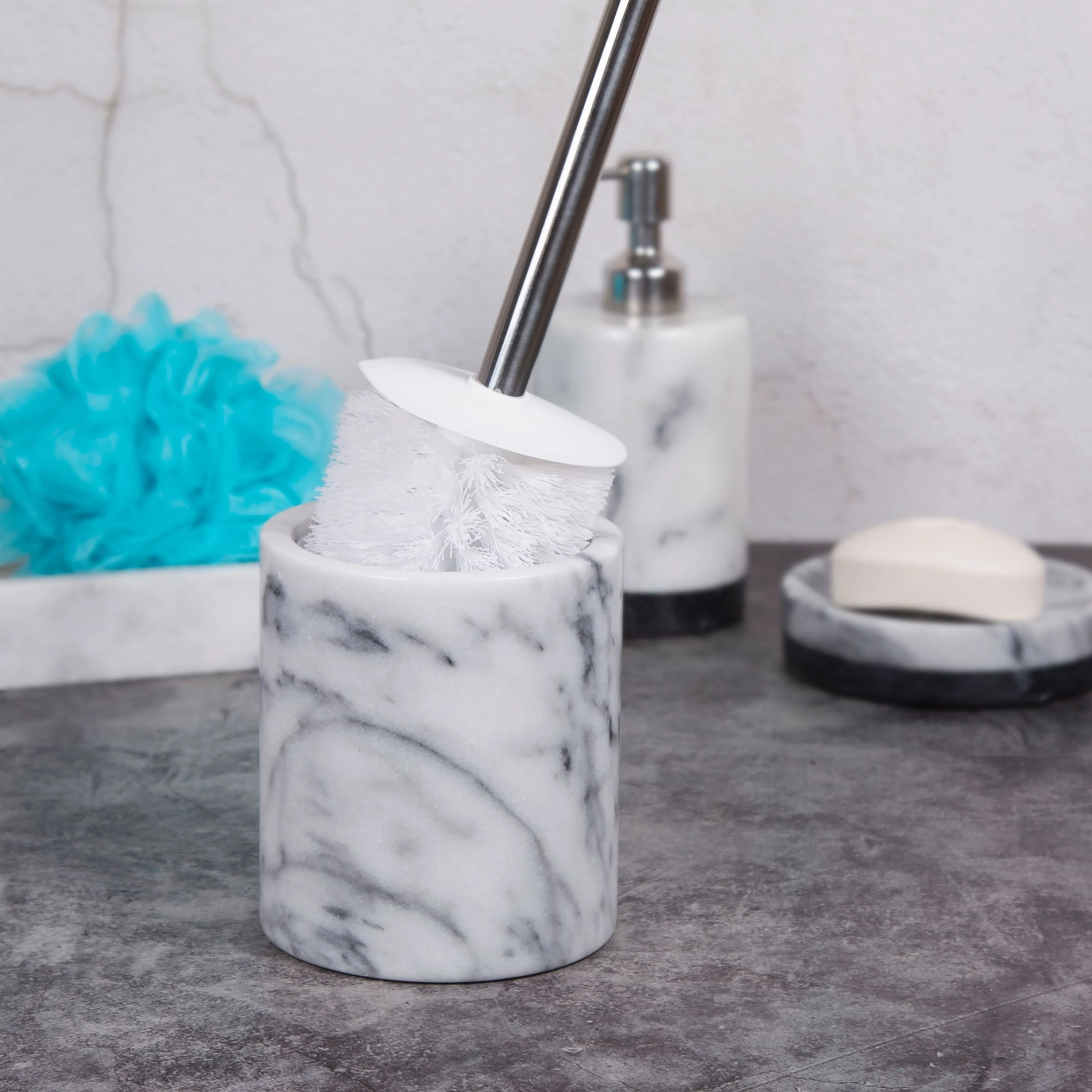 Creative Home Natural White Marble Toilet Brush & Holder Set with Silicone Cover