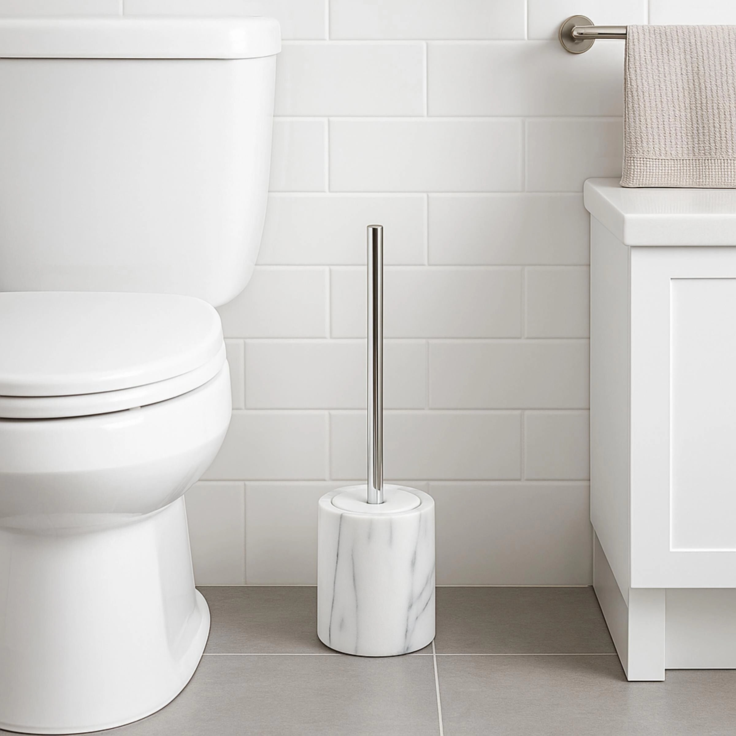 Creative Home Natural White Marble Toilet Brush & Holder Set with Silicone Cover