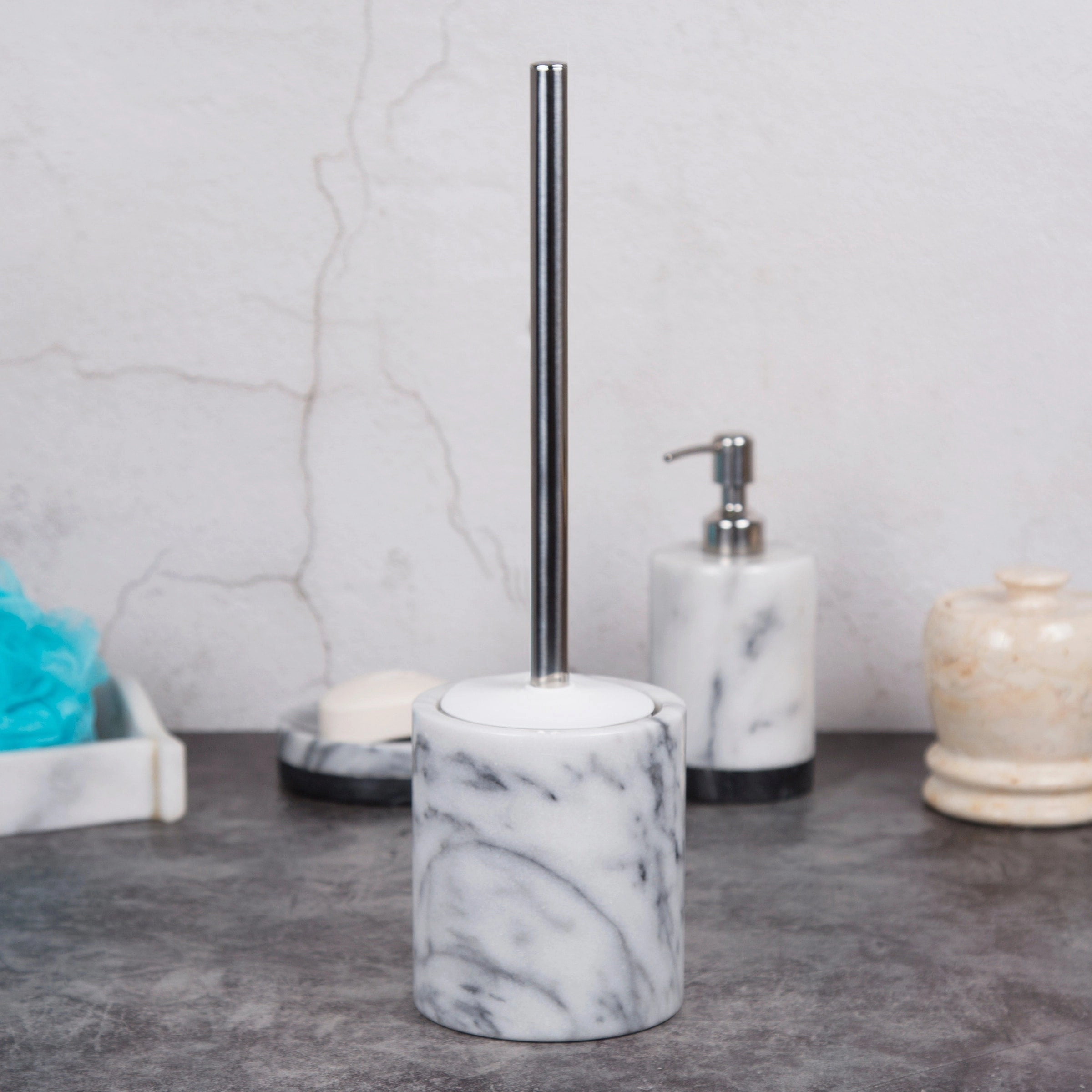 Creative Home Natural White Marble Toilet Brush & Holder Set with Silicone Cover