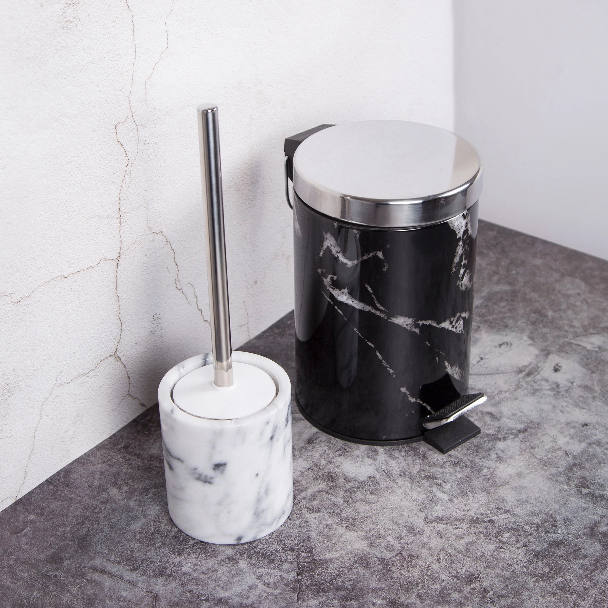 Creative Home Natural White Marble Toilet Brush & Holder Set with Silicone Cover