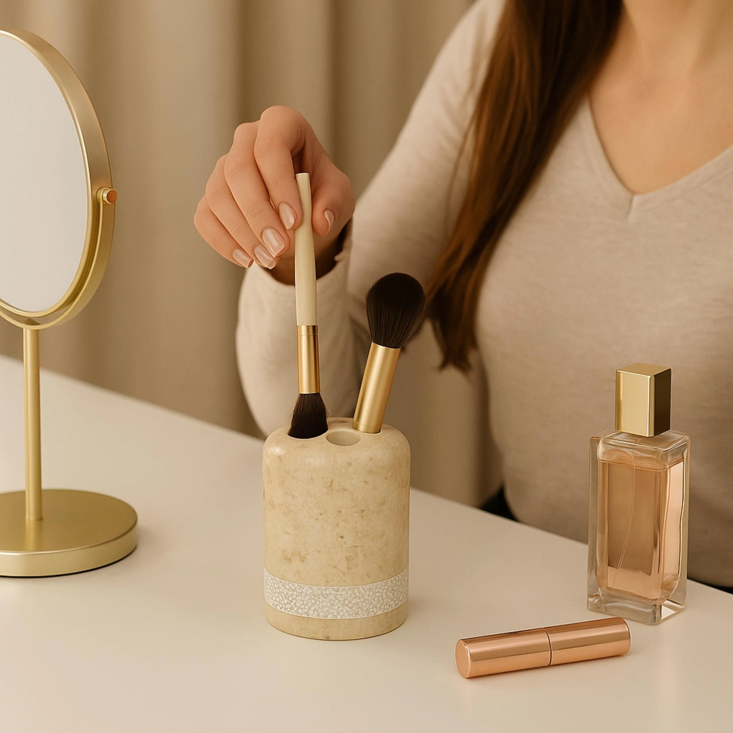 Creative Home Spa Hand Carved Collection Natural Champagne Marble Toothbrush Holder - Beige