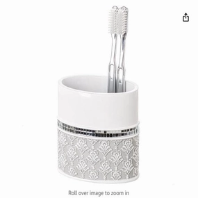 Creative Scents Mirror Damask Gray & White Toothbrush Holder - Grey - Grey Toothbrush Holder,Bathroom Organizer