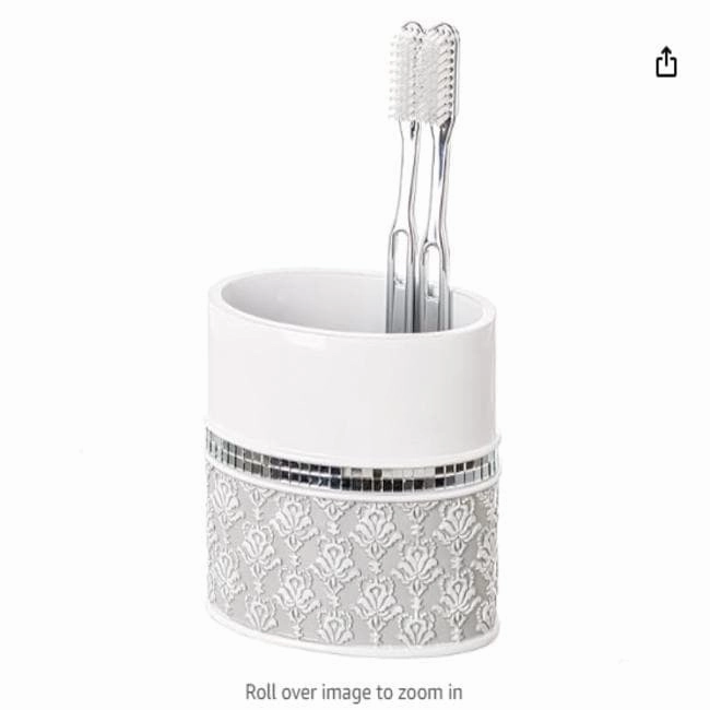 Creative Scents Mirror Damask Gray & White Toothbrush Holder - Grey - Grey Toothbrush Holder,Bathroom Organizer