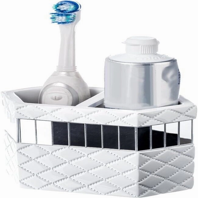 Creative Scents Quilted Mirror White Toothbrush Holder Organizer