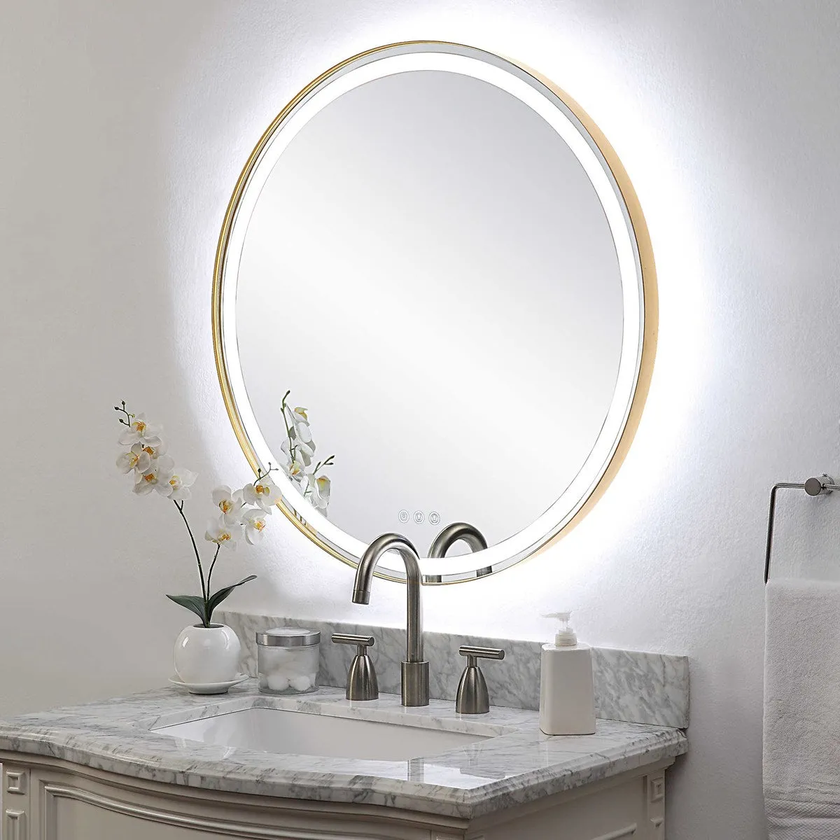 Crofton Lighted Round Mirror in Brass