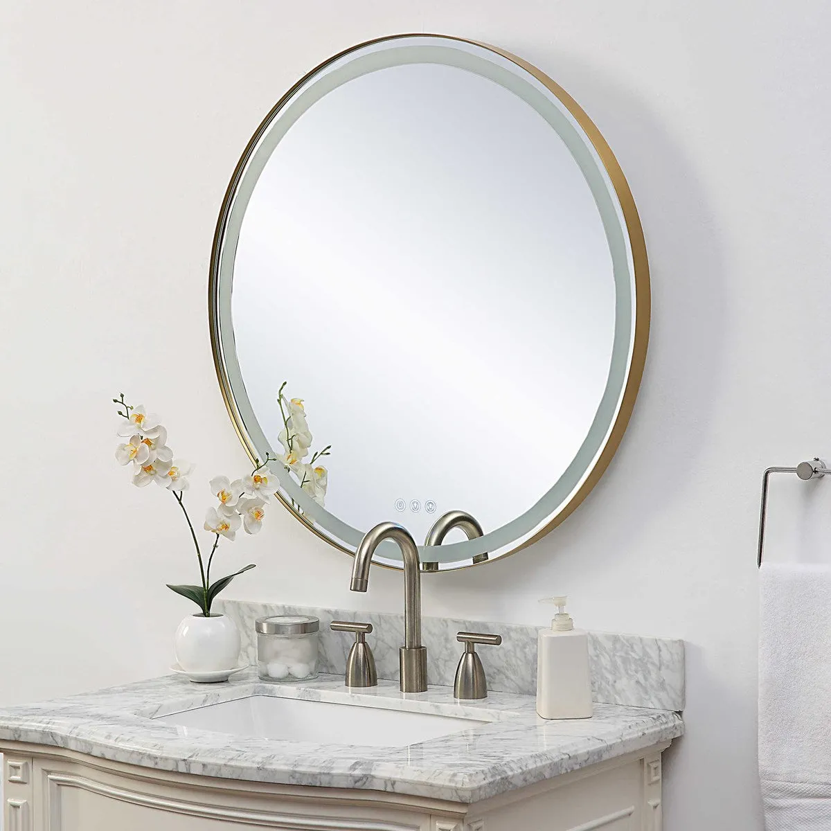 Crofton Lighted Round Mirror in Brass