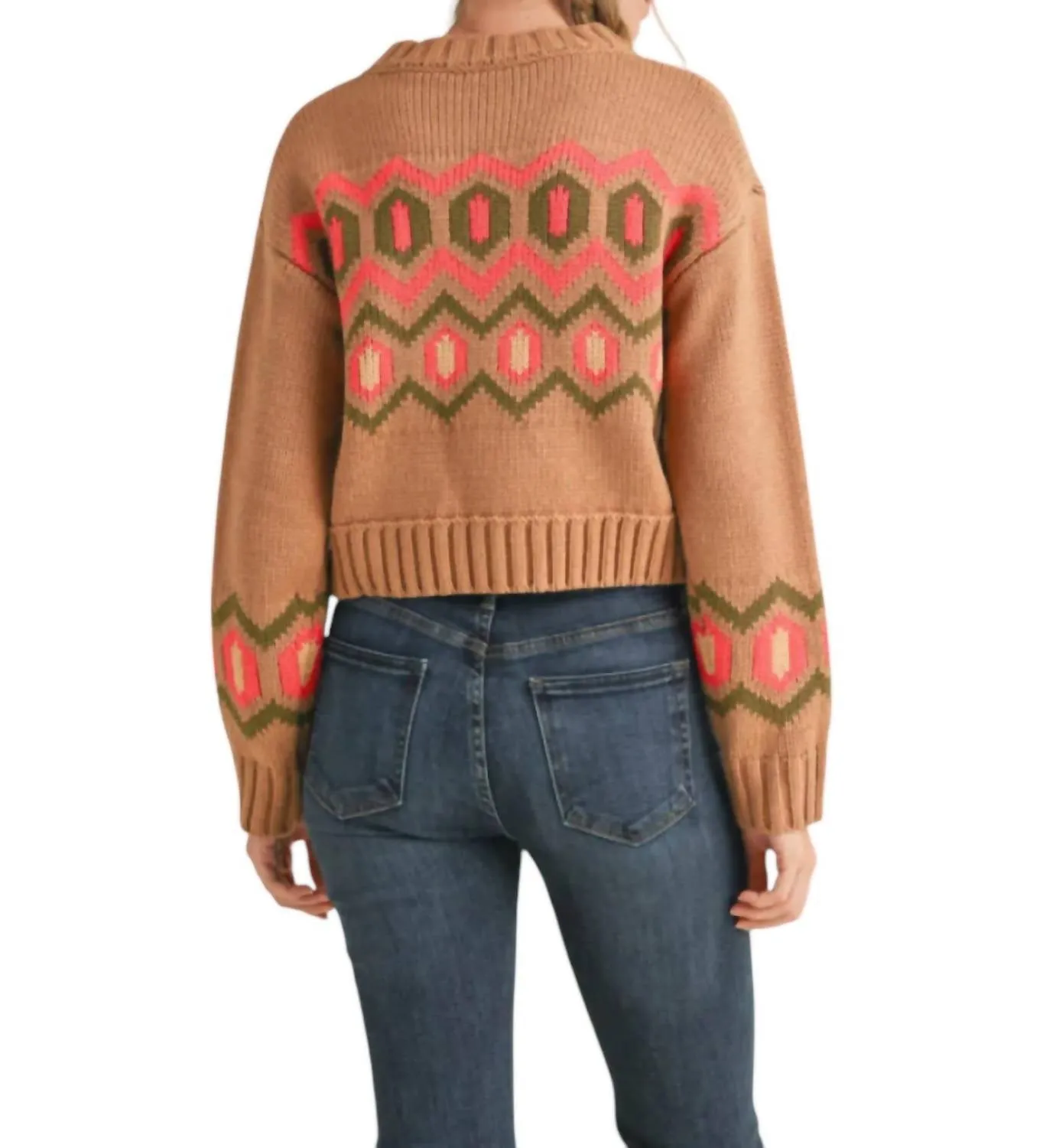Cropped Geometric Knit Sweater In Dark Brown