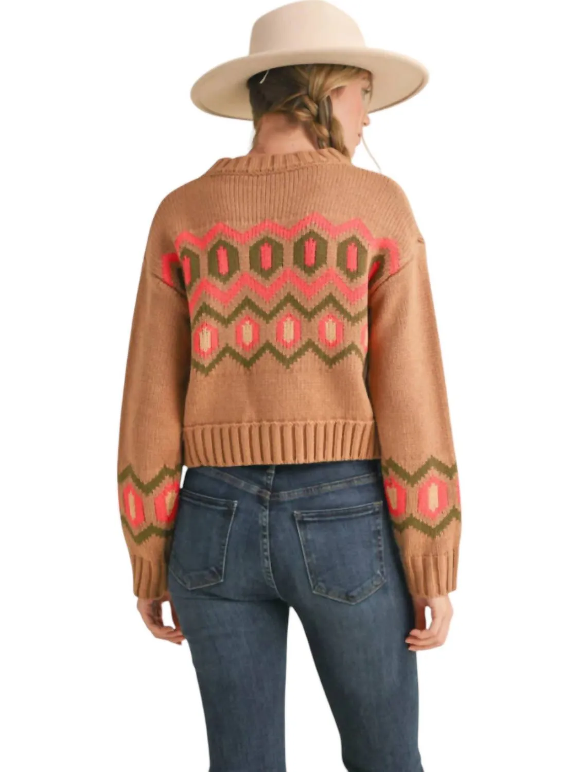 Cropped Geometric Knit Sweater In Dark Brown