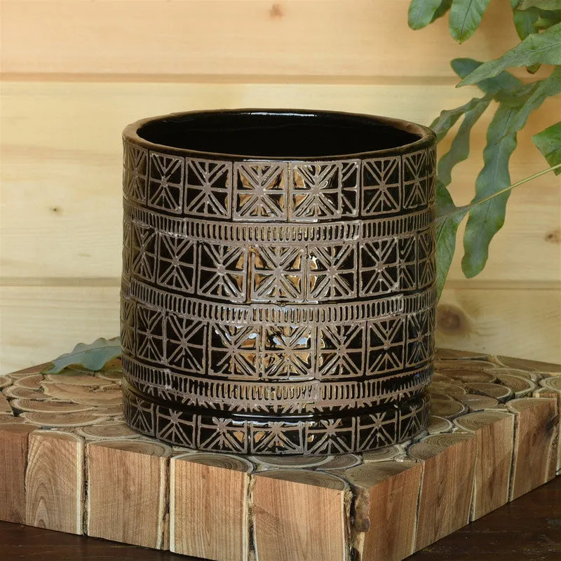 Cusco Cachepot, Ceramic - Lrg - Dark Brown & White