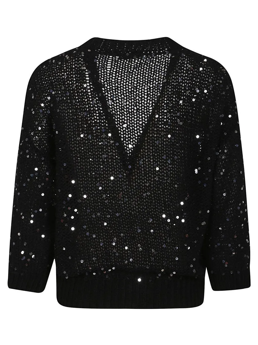 Deep V-Neck Cardigan With Sequined Embellishments