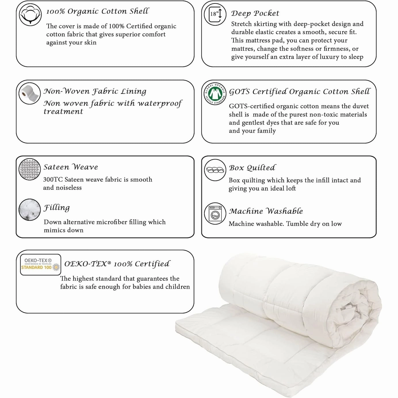 Delara 100% Waterproof 2 IN 1 Mattress Protector & Mattress Pad-Quilted Fitted Down Alternative Mattress Pad Cover - White