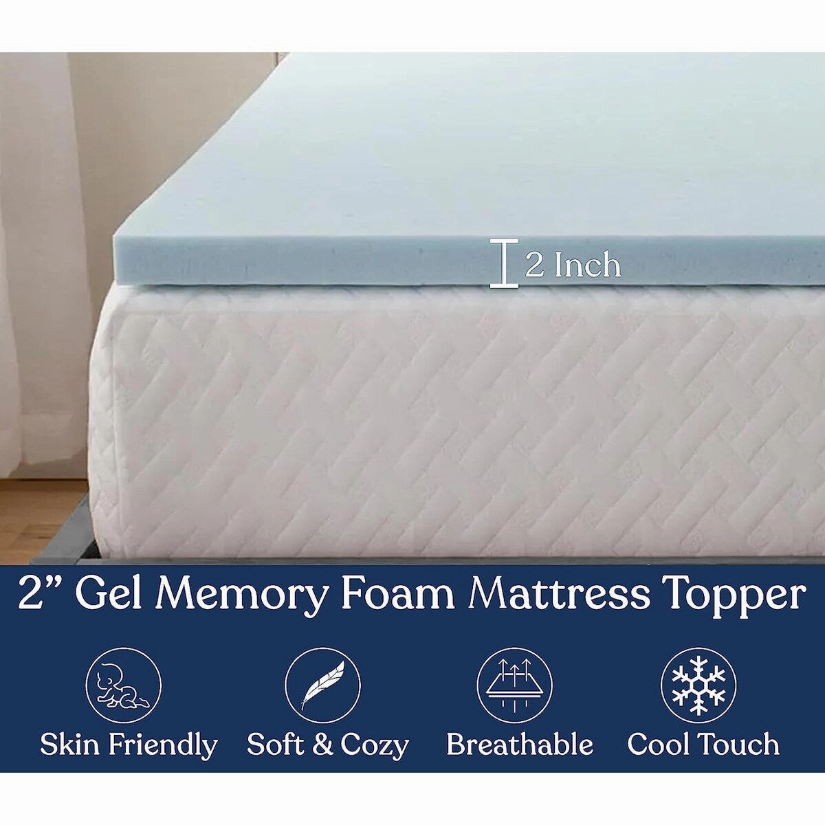Delara 2 Inch Gel Infused Memory Foam Mattress Topper, Certipur-US Certified, High-Density Cooling & Breathable