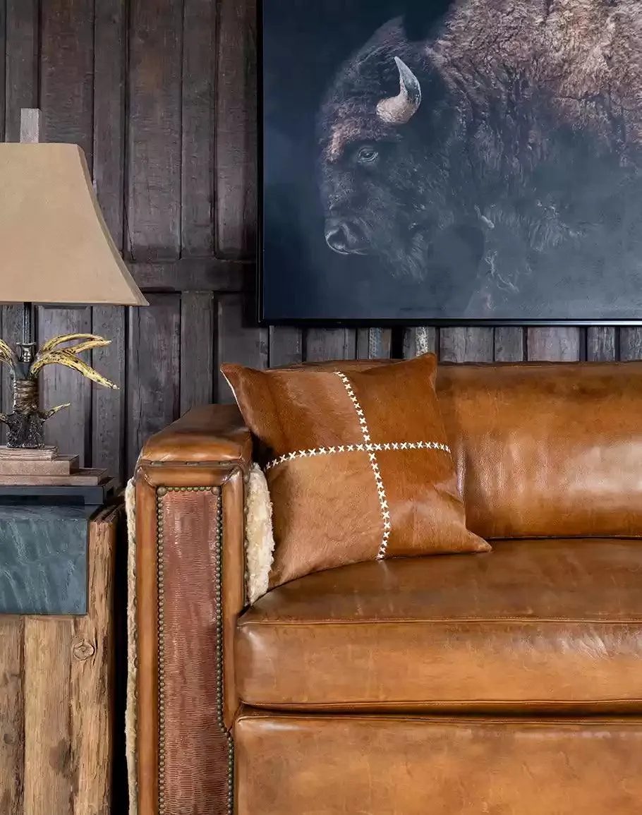 Elegant Cowhide Stitch Pillow in Brown Hide