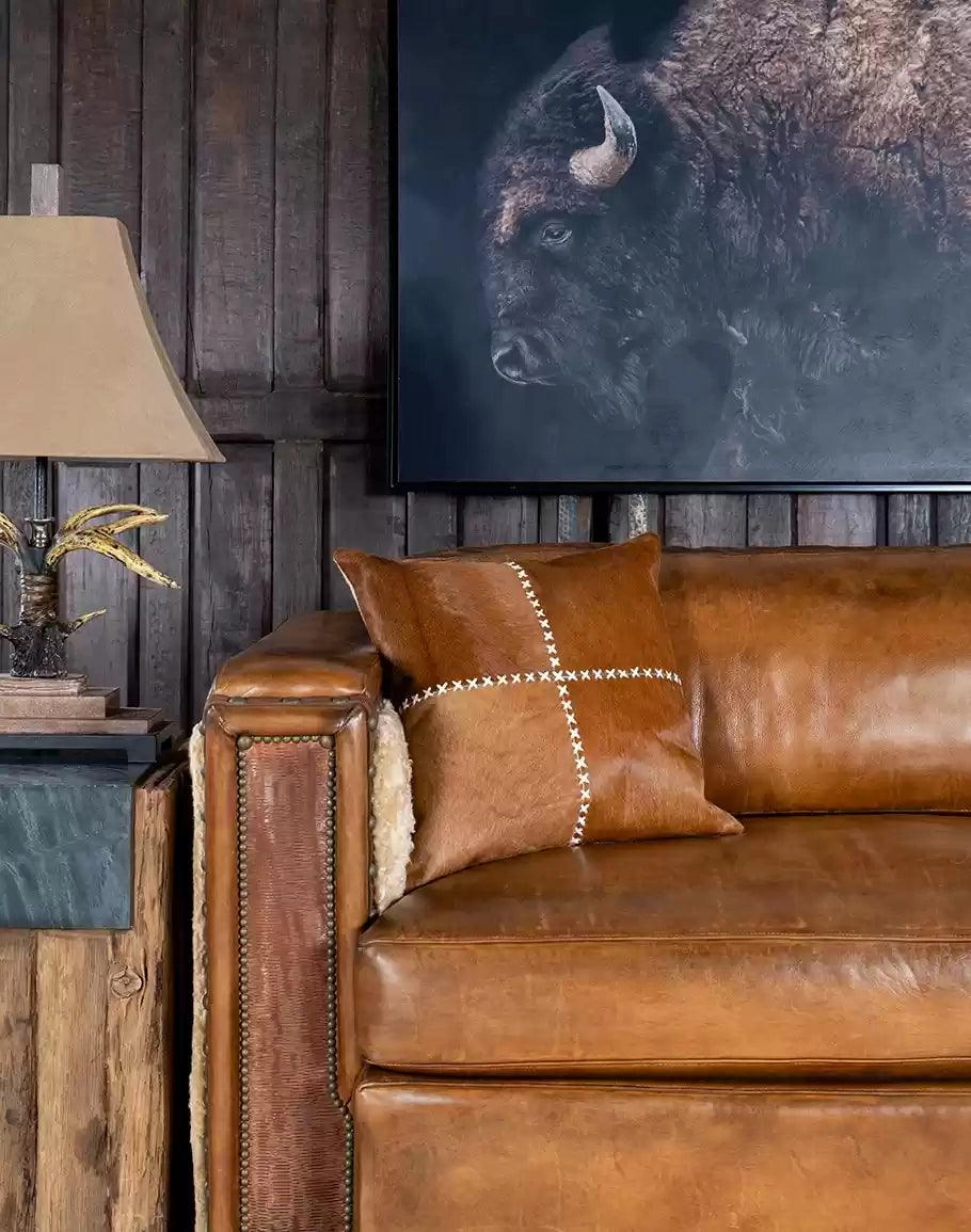 Elegant Cowhide Stitch Pillow in Brown Hide